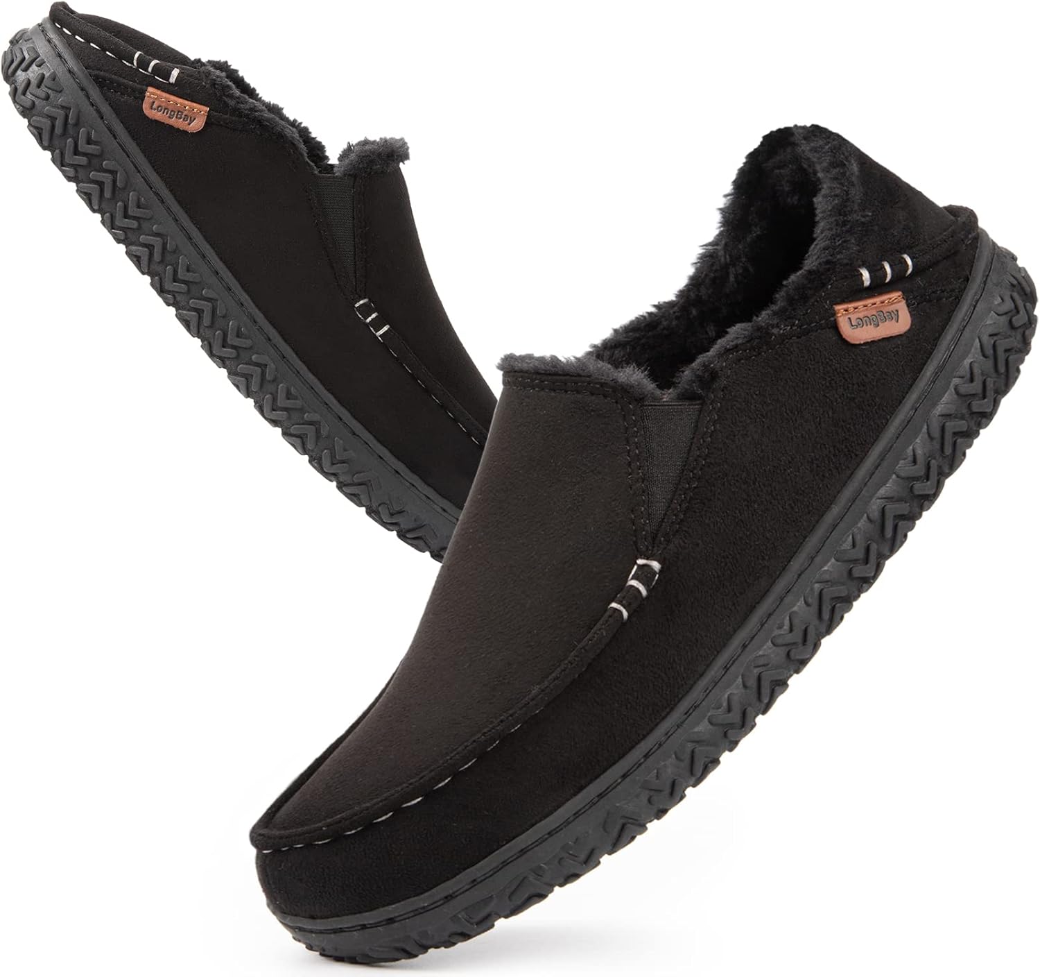 LongBay Men's Microsuede Moccasin Slippers with Non Slip Rubber Sole Memory Foam...