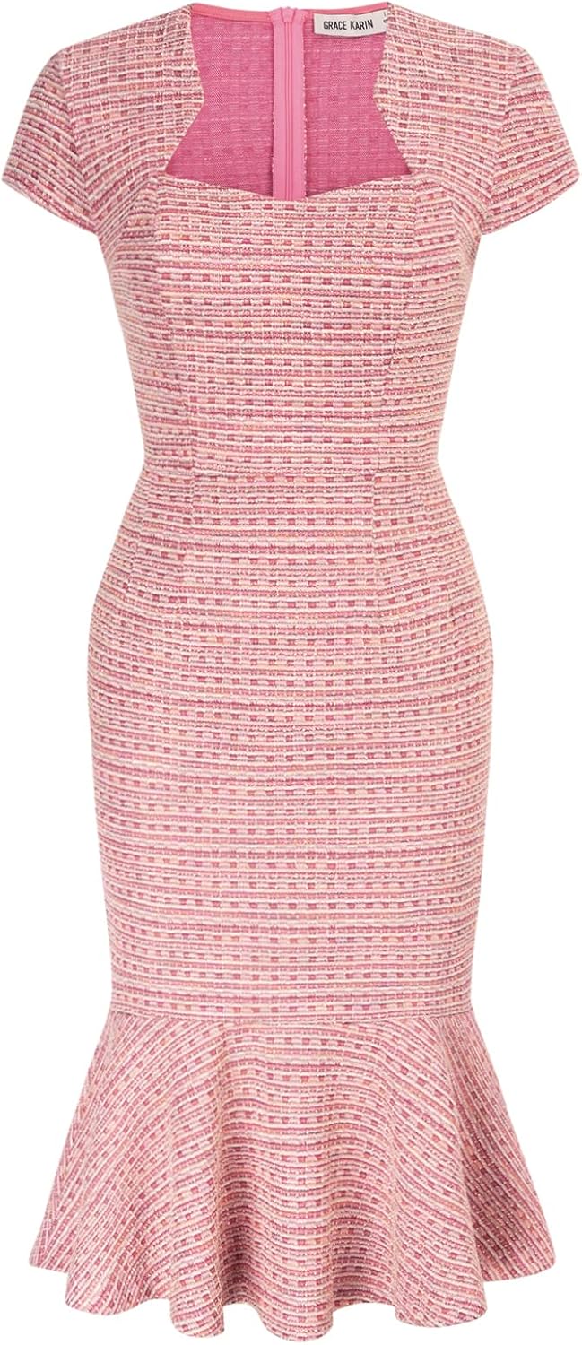 GRACE KARIN Womens Elegant Cap Sleeve Fishtail Midi Tweed Bodycon Dress X-Large...