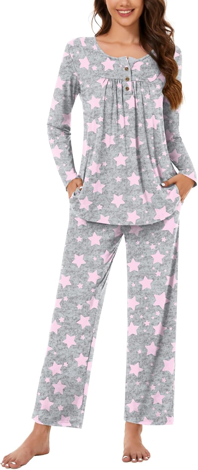 Bestbee Women's Pyjamas Set, 2 Piece Pleated Nightwear Set Long Sleeve Long Pant...