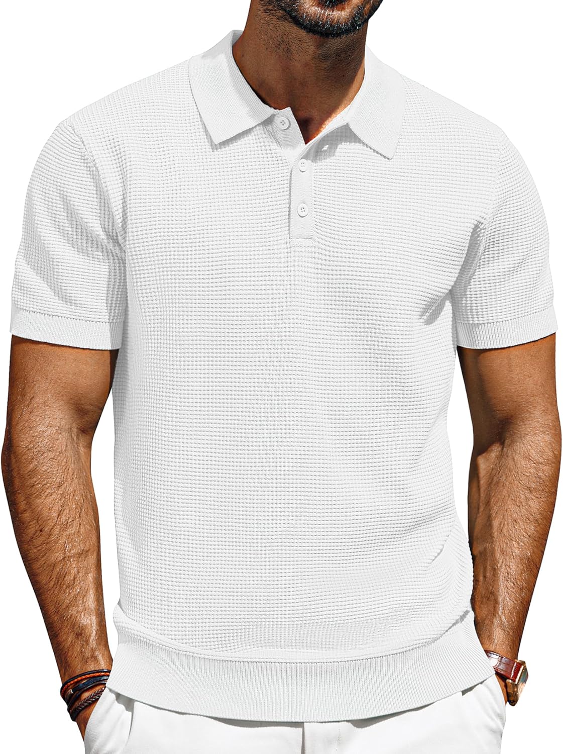 PJ PAUL JONES Knit Polo Shirts for Men Casual Short Sleeve Waffle Texture Polo G...