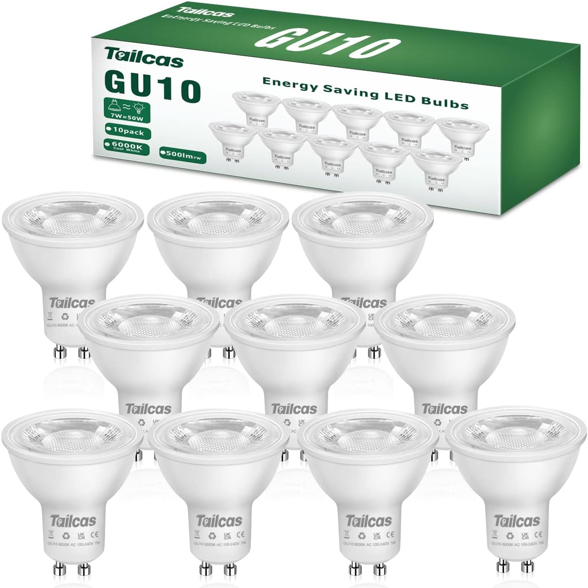 Tailcas GU10 LED Light Bulbs 7W, Cool White 6000K (50W Halogen Spotlight Equival...