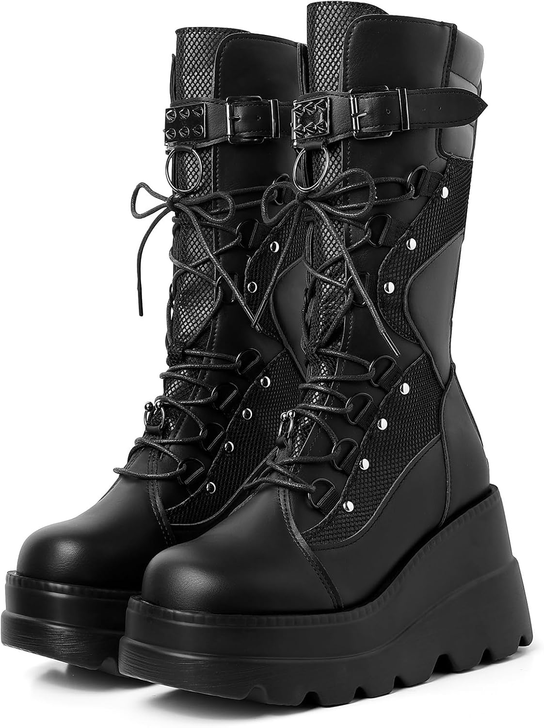 mikarka Womens Holographic Platform Mid Calf Combat Boots Lace Up Wedge Heel Stu...