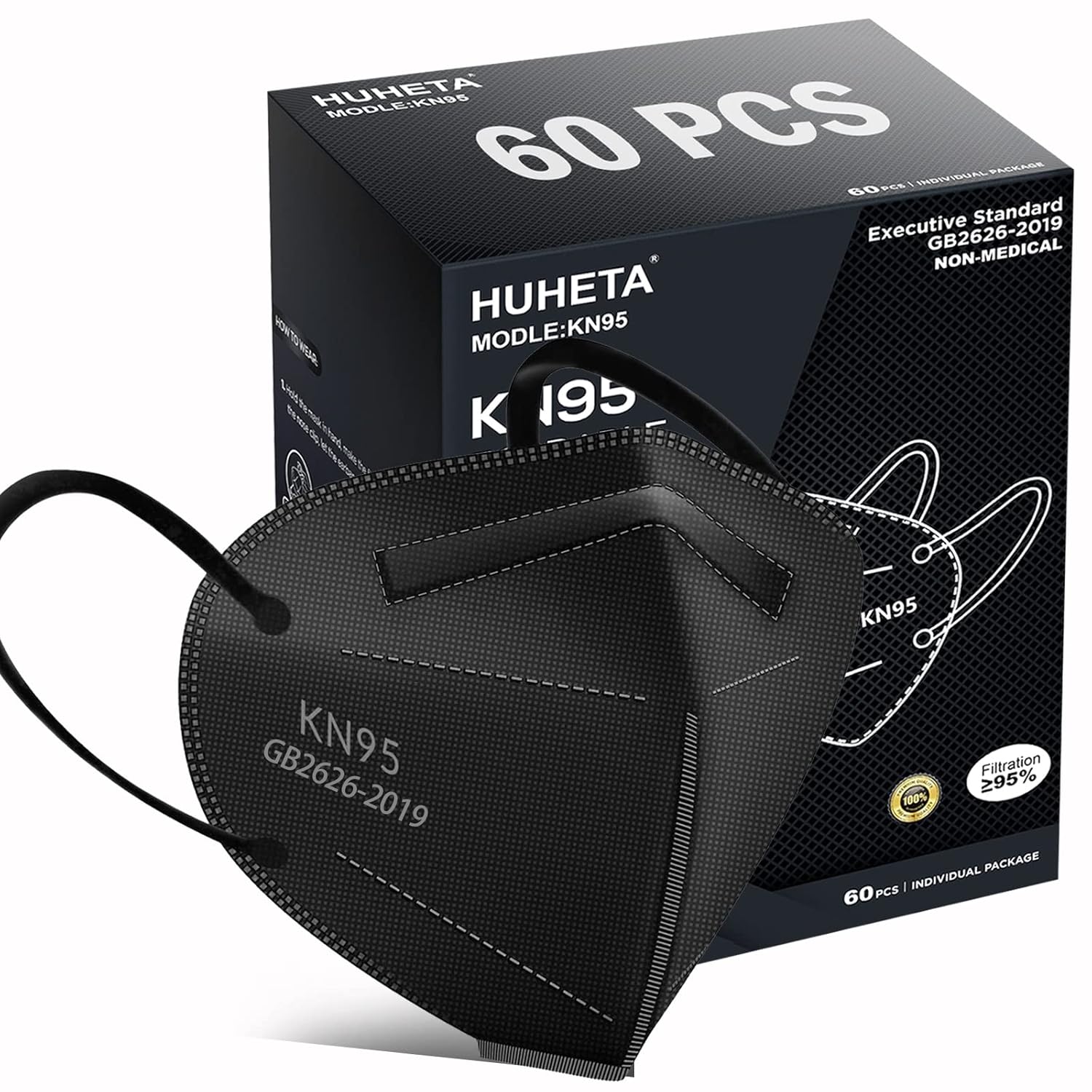 HUHETA KN95 Face Mask 60 PCs, 5-Ply Safety Masks for Men & Women, Filter Efficie...