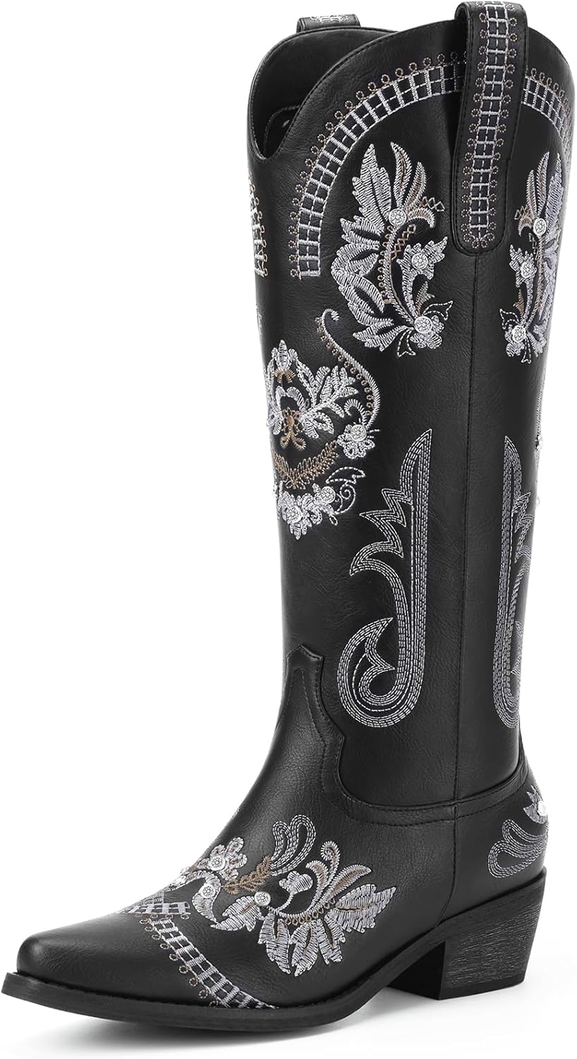 Cowboy Boots for Women - Wide Calf Knee High Cowgirl Boots, Glitter Sparkly Rhin...