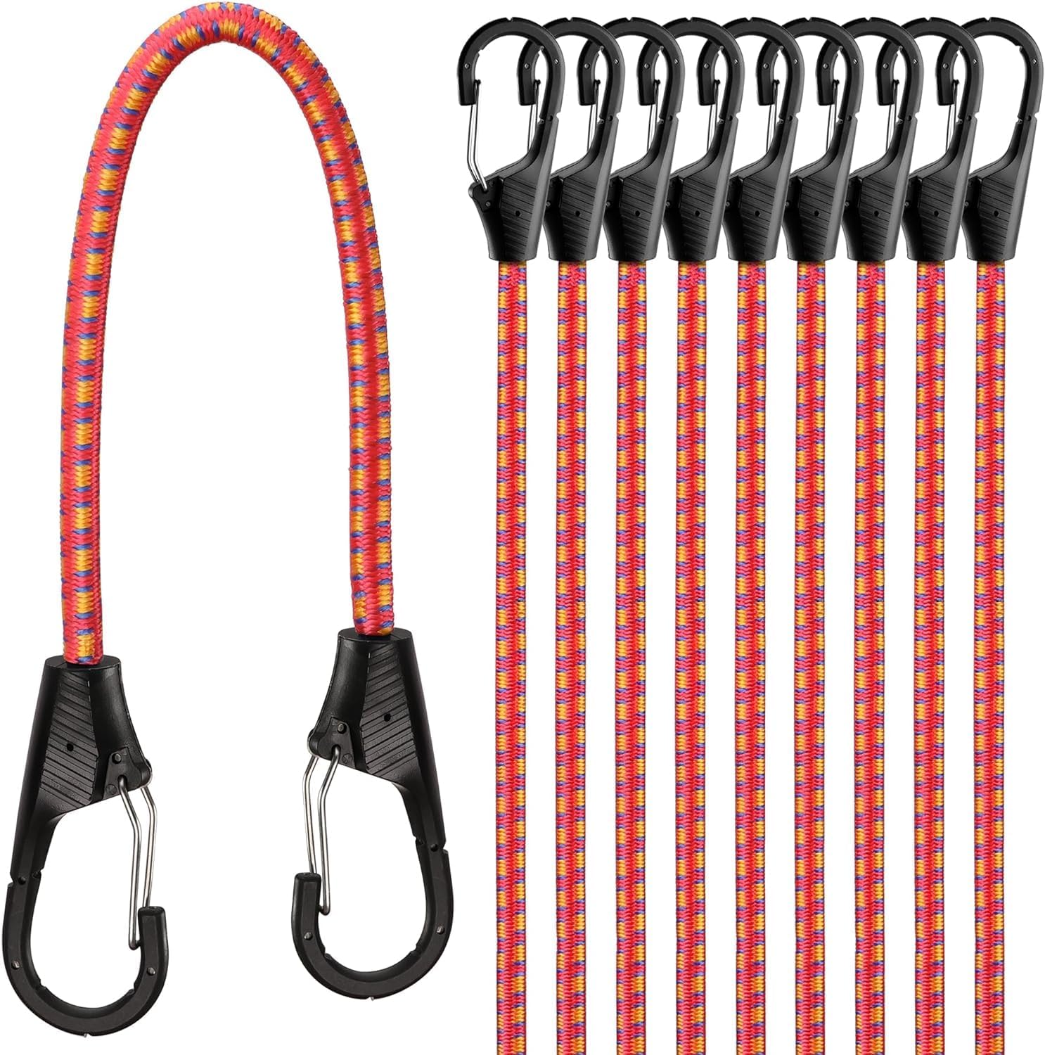 Heavy Duty Bungee Cords with Carabiner Hooks: 18”(45.7cm) Red Elastic Rubber, UV...