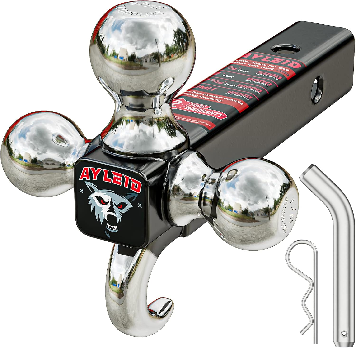 Ayleid Trailer Hitch Tri-Ball Mount with Hook & Pin Balls Sized 1-7/8, 2 & 2-5/1...