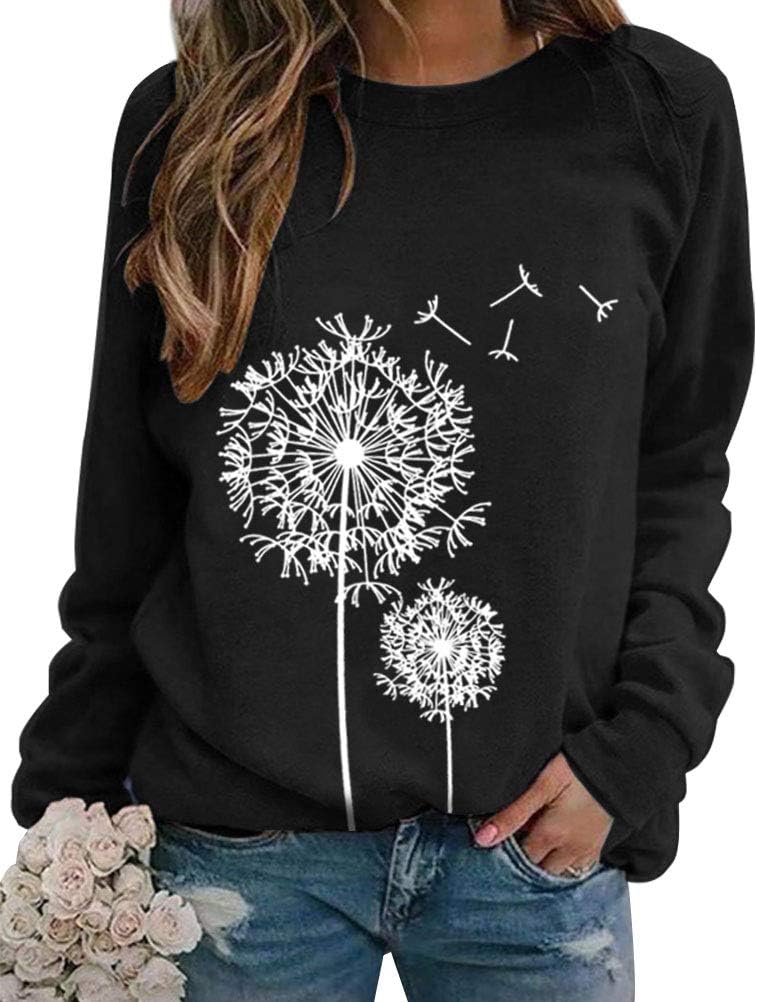 Dresswel Women Dandelion Print Sweatshirt Crew Neck Long Sleeve Tops Basic Jumpe...