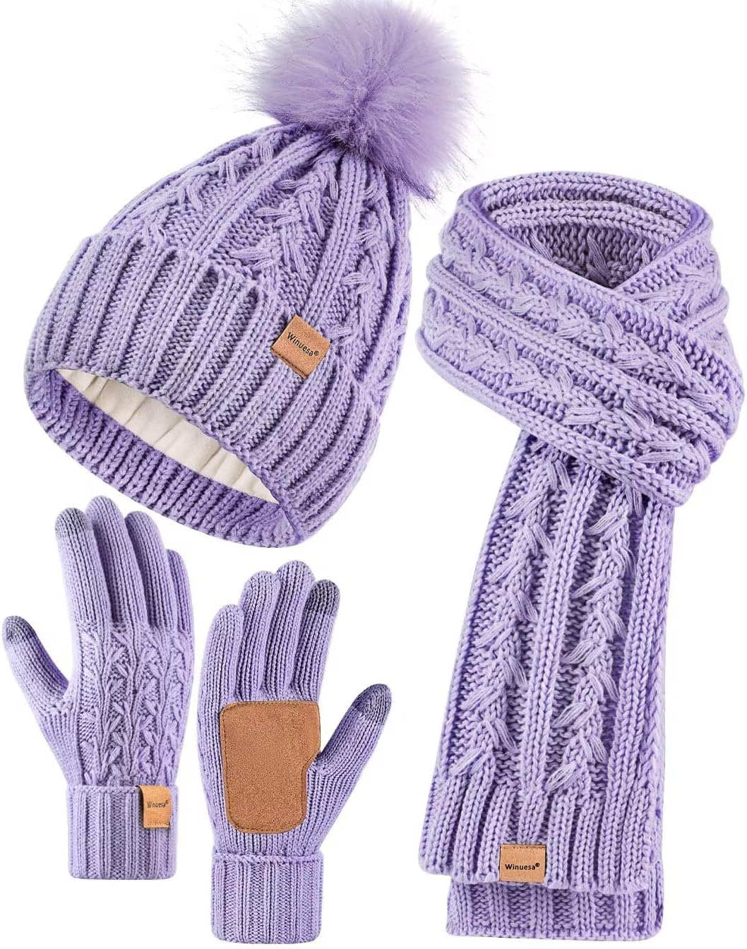 Womens Beanie Hat Scarf Gloves Set, Fleece Lined Winter Hat with Pom Pom, Long K...