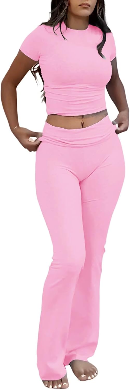 Women's 2 Piece Lounge Outfits Slim Short Sleeve Tops Low Rise Flare Leggings Se...