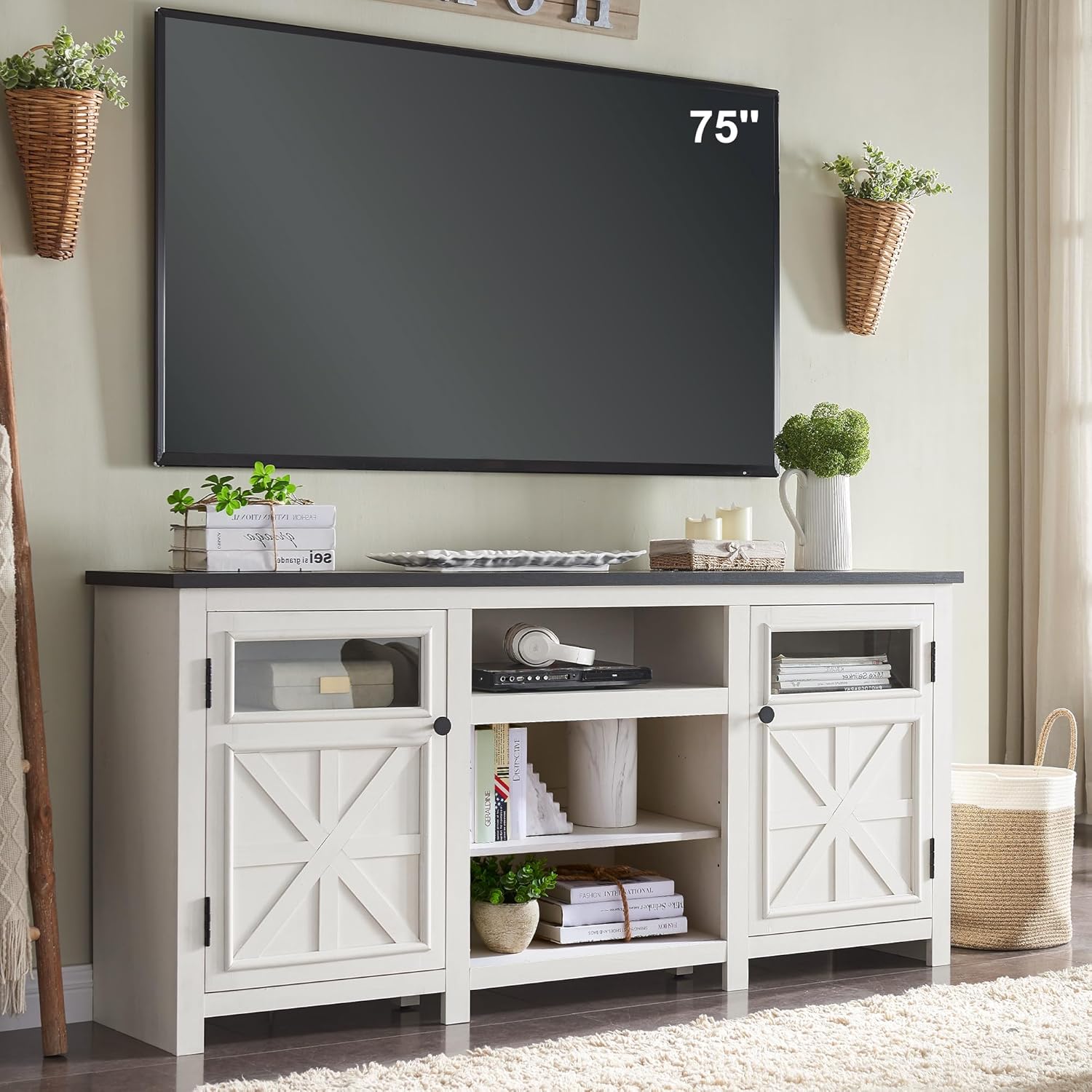 JXQTLINGMU Farmhouse TV Stand for 75 Inch TV, Entertainment Center with Storage,...