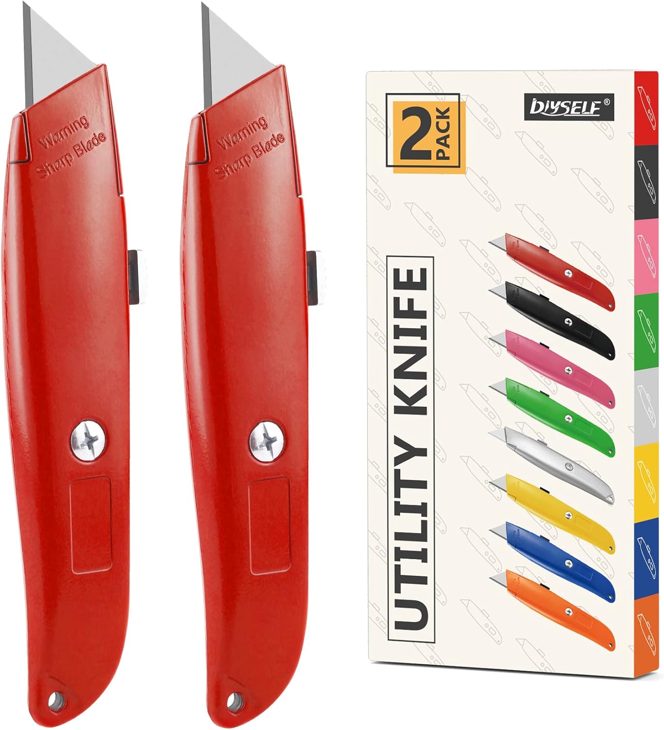 DIYSELF 2Pack Utility Knife Box Cutter Retractable Blade Heavy Duty(Red) Red 2