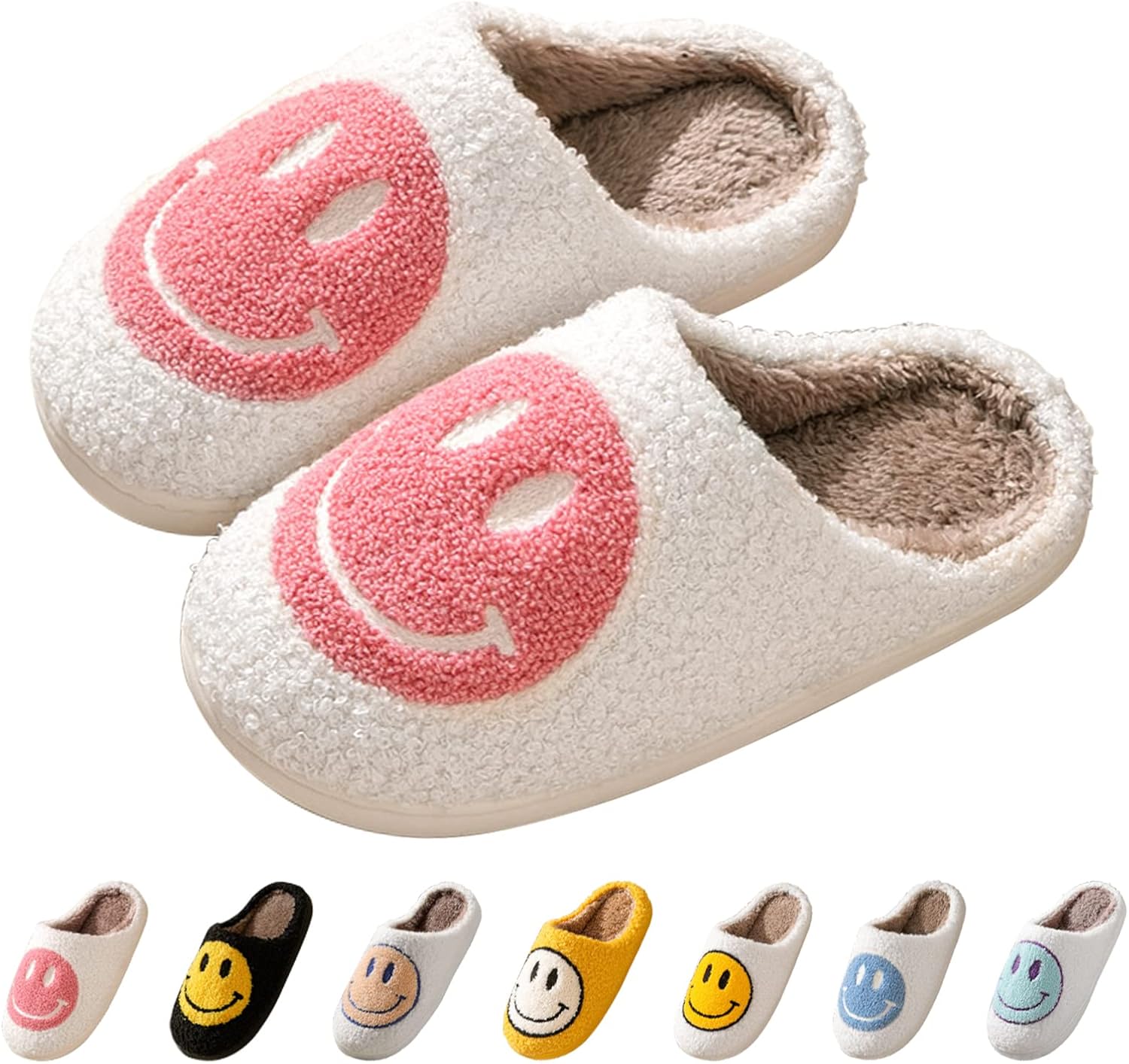 Smile Face Slippers for Women, Soft Plush Smile Slippers Retro Preppy Slippers w...