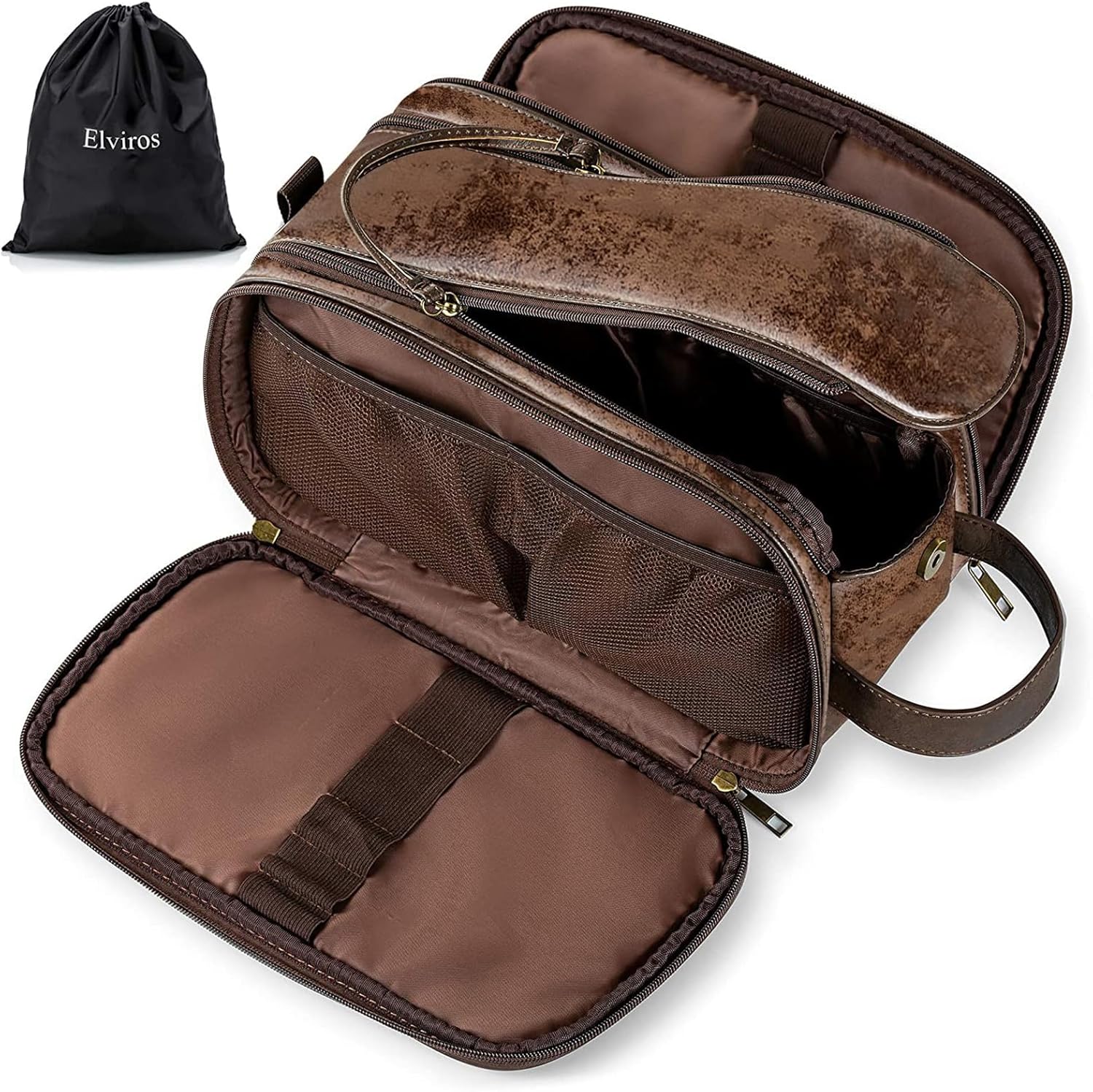 Water-Resistant Leather Toiletry Bag for Men Large Travel Wash Bag Shaving Dopp...