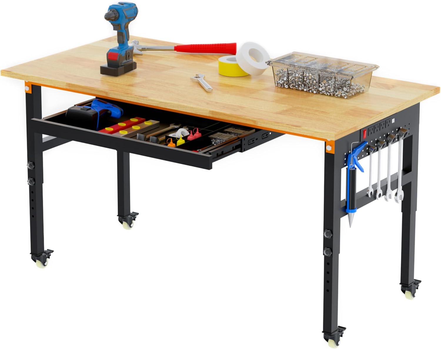 60" Adjustable Workbench on Wheels, 2000 LBS Heavy Duty Work Table with Power Ou...