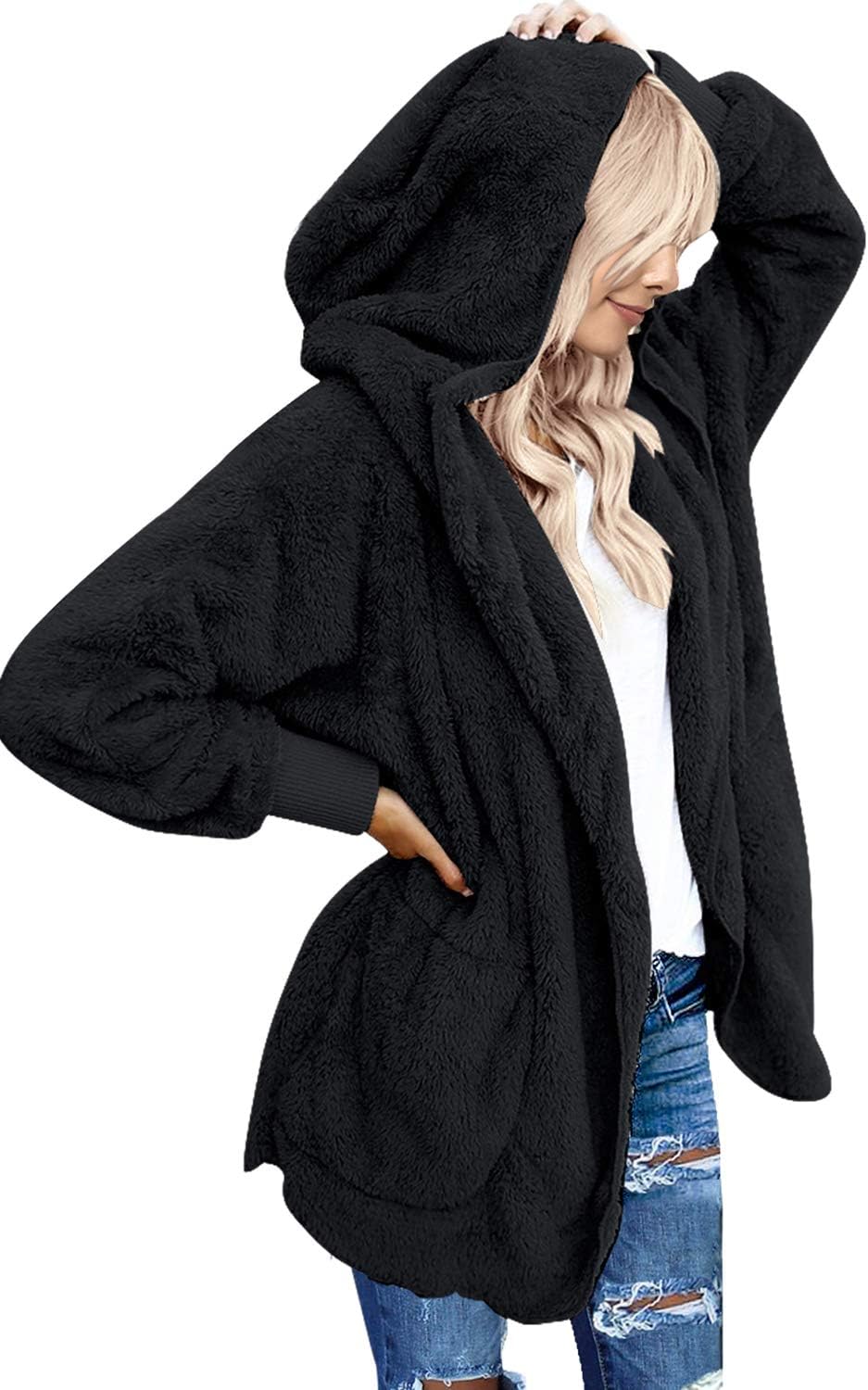 LookbookStore Womens Cardigan 2024 Winter Oversized Open Front Fleece Hooded Dra...