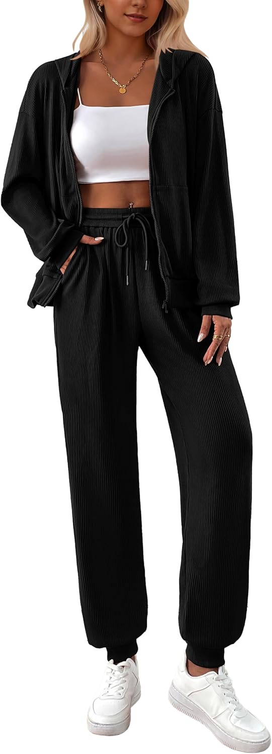 BTFBM Women 2 Piece Outfits 2025 Fall Sweatsuit Sets Zip Up Hoodie Sweatpants Tr...