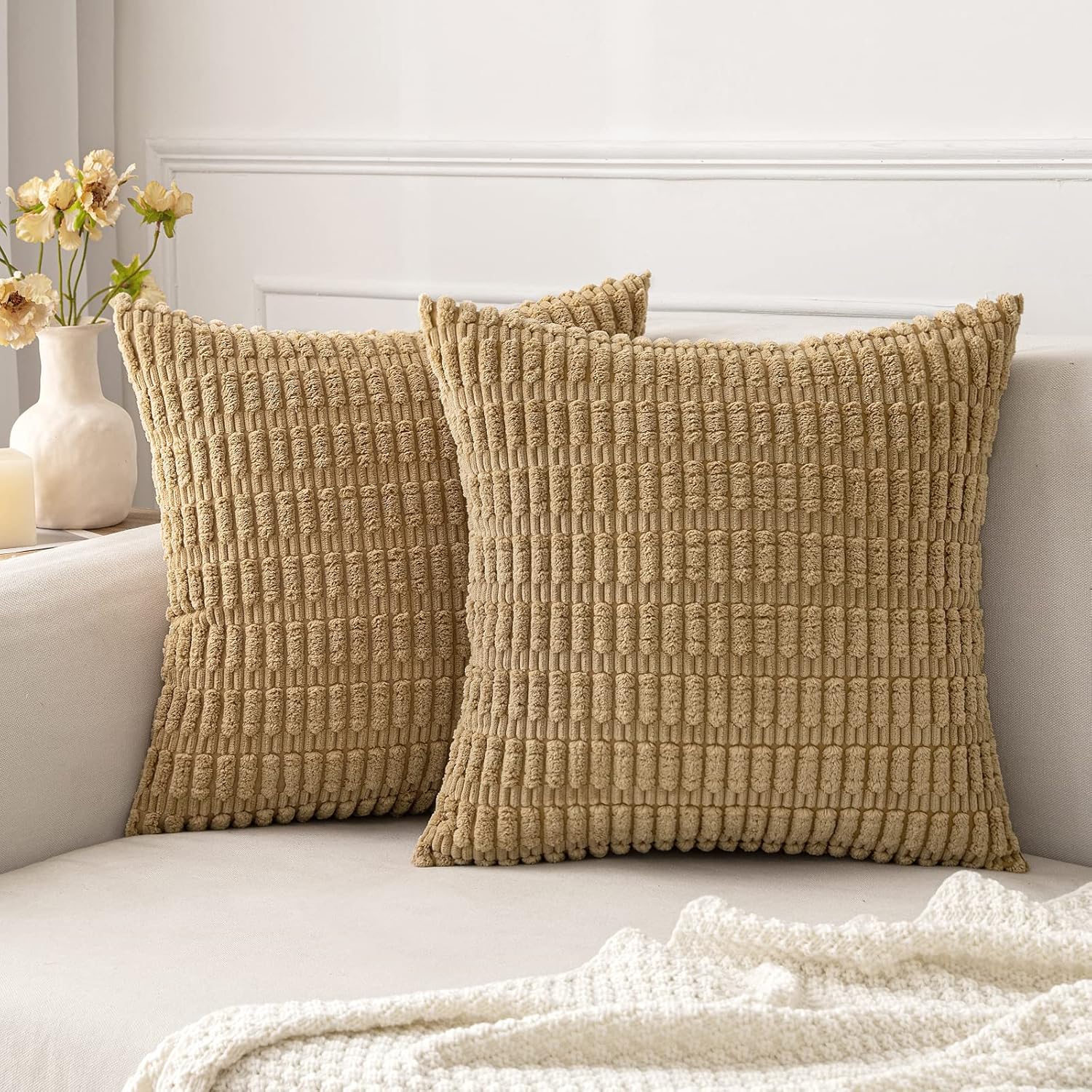 MIULEE Pack of 2 Corduroy Square Cushion Cover Camel 50x50 cm 20x20 inch for Liv...