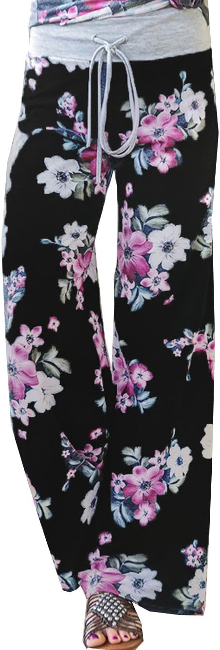 Famulily Women's Casual Floral Wide Leg Pajama Lounge Pants XL Black-4