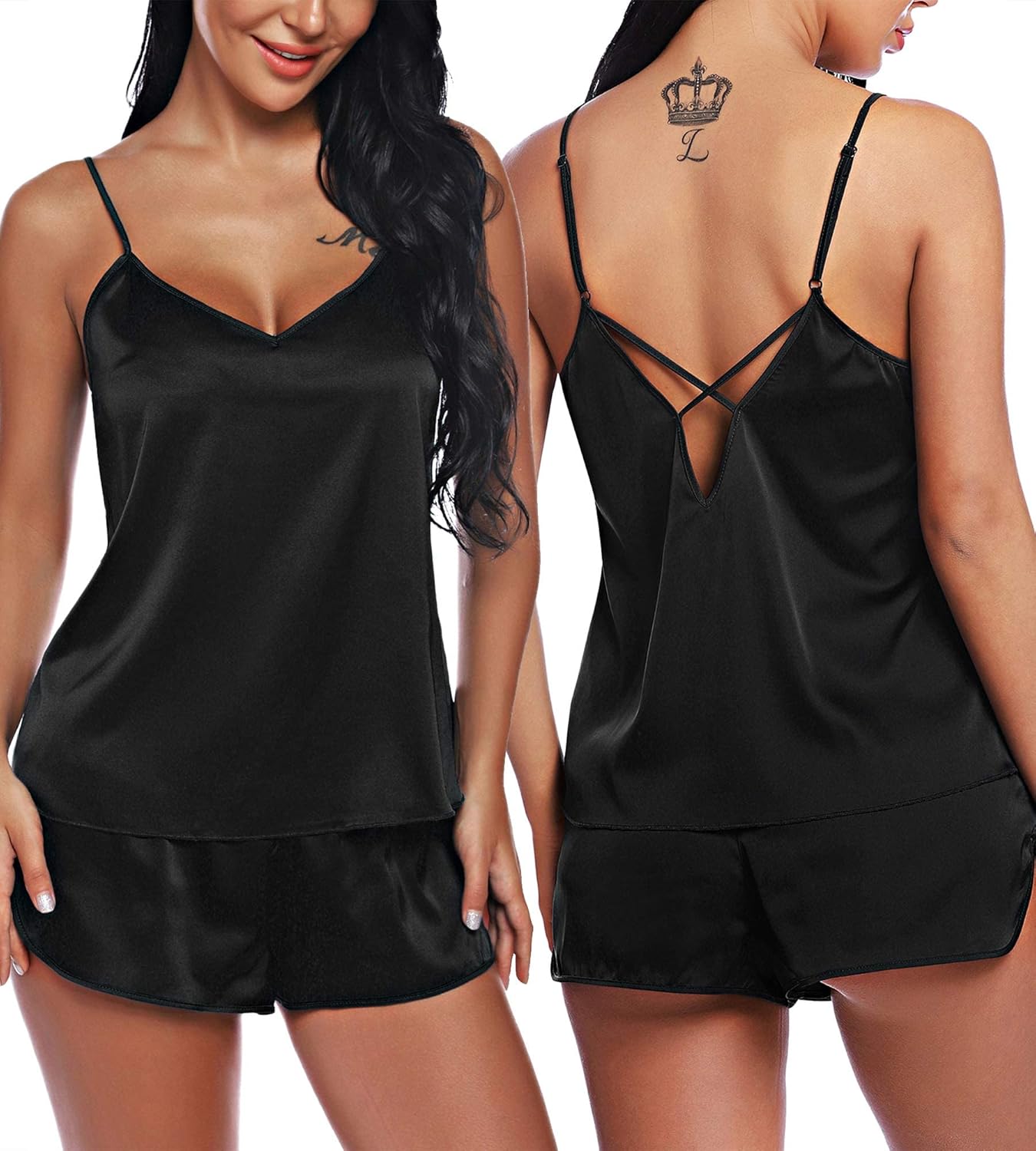 RSLOVE Women V Neck Satin Lingerie Pyjamas Set Sexy Cami and Shorts Set Nightwea...