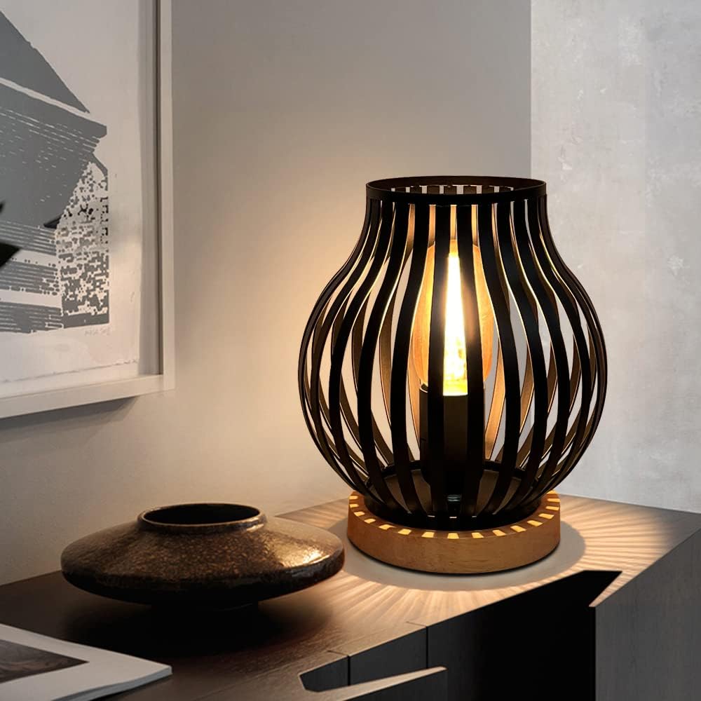 HHMTAKA Metal Cage LED Bedside Table Lamp Wooden Base Black Lamp 20cm High Decor...