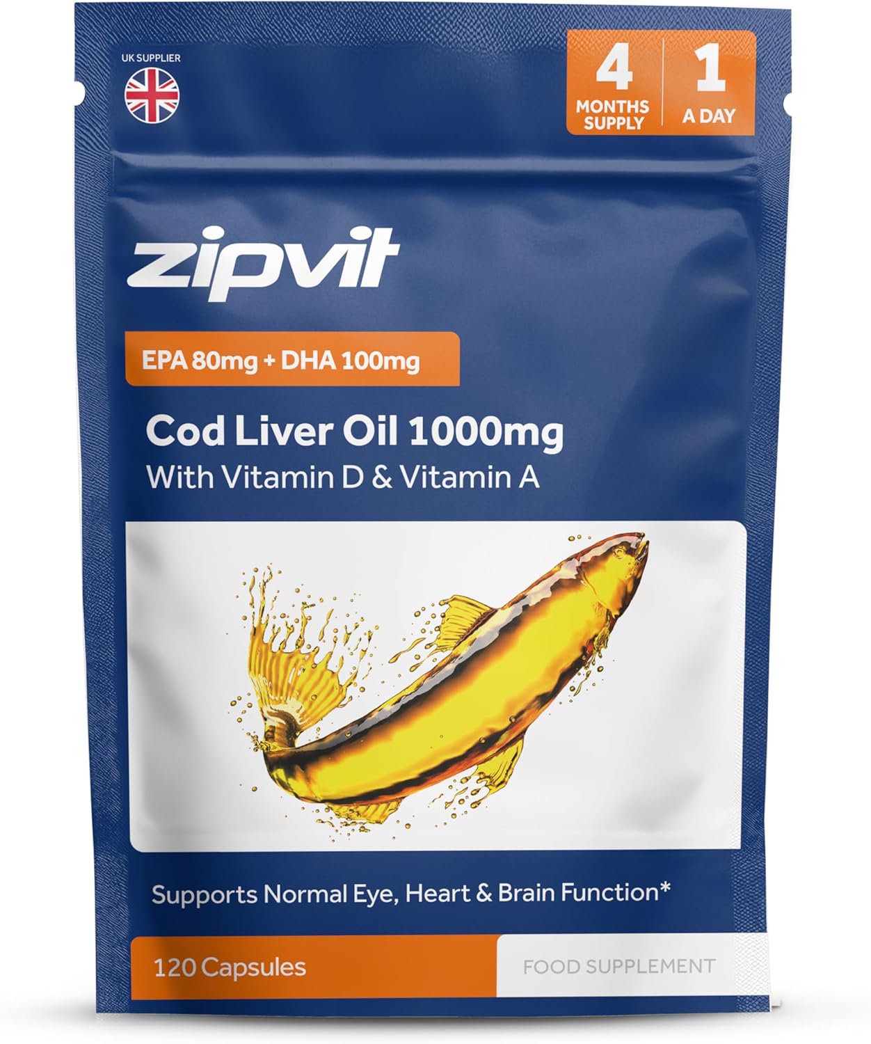 Zipvit Cod Liver Oil 1000mg, 120 Softgel Capsules, Rich in Omega-3, EPA 80mg & D...