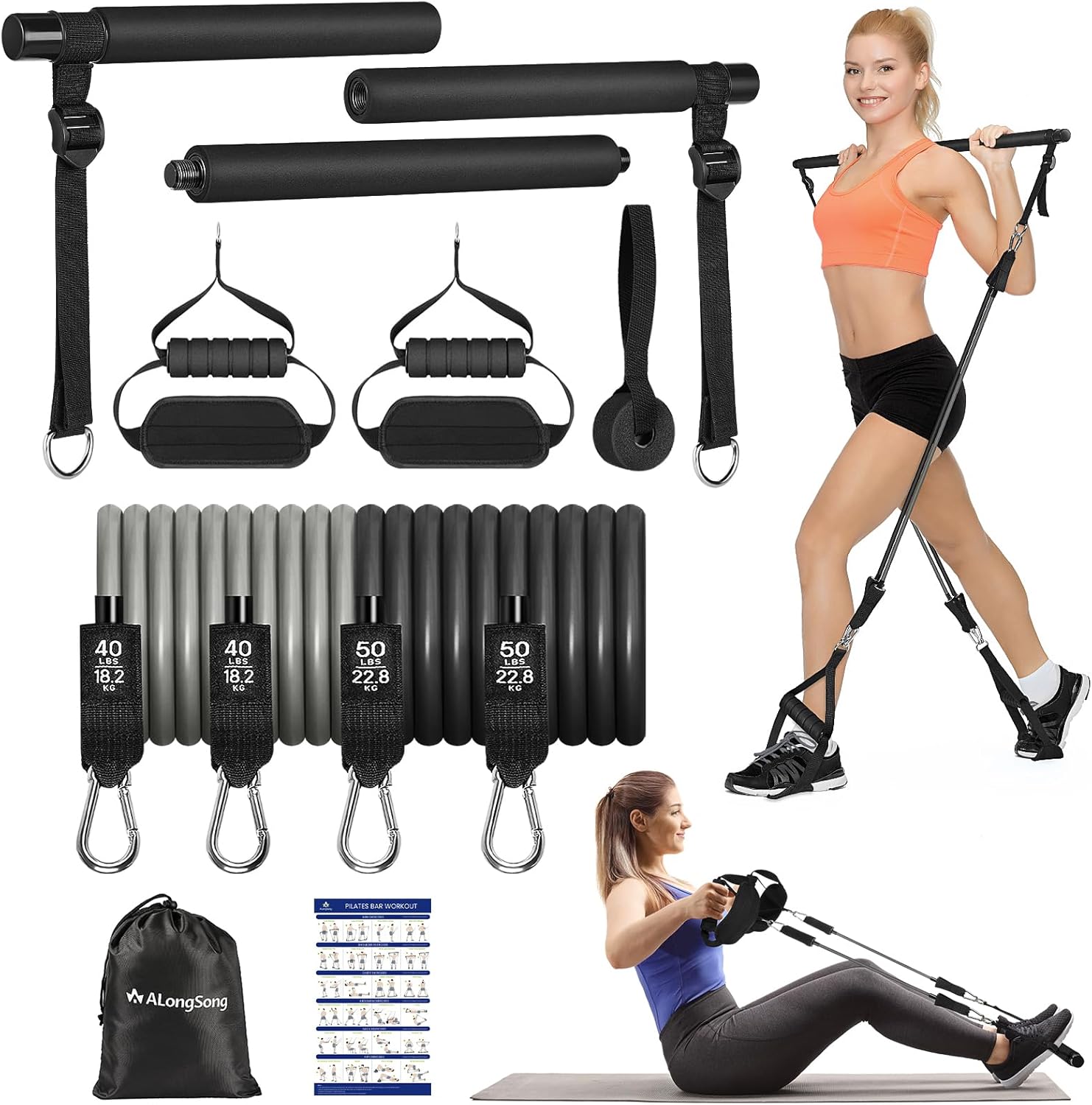 ALongSong Pilates Equipment Pilates Reformer Bar Set With 4 Resistance Bands 30/...