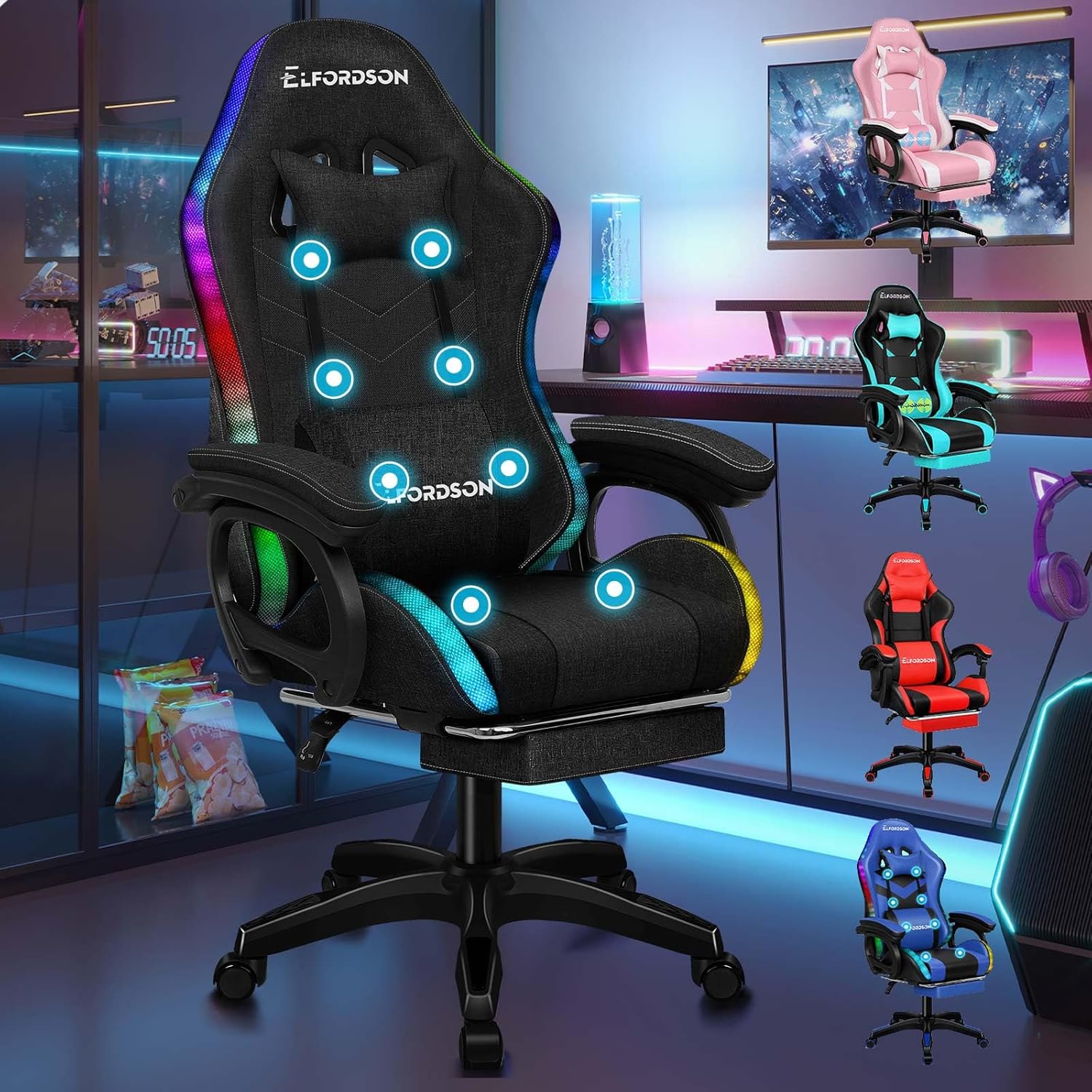 ELFORDSON LED Gaming Chair with 8-POINT Massage, Swivel Office Chair with Head P...