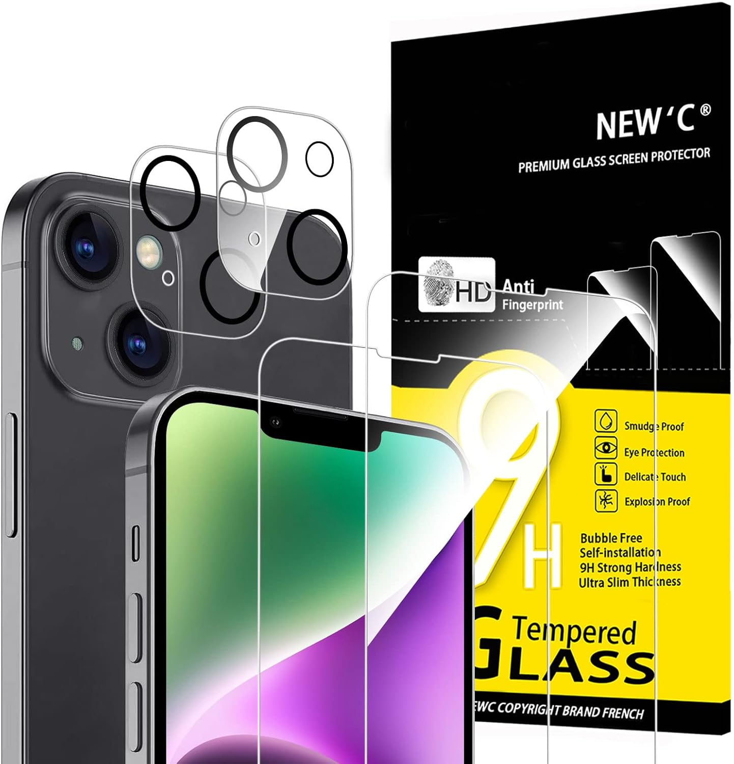 NEW'C 4 Pack, 2 Pack Screen Protector for iPhone 14 [6.1 inch] + 2 Pack Camera L...