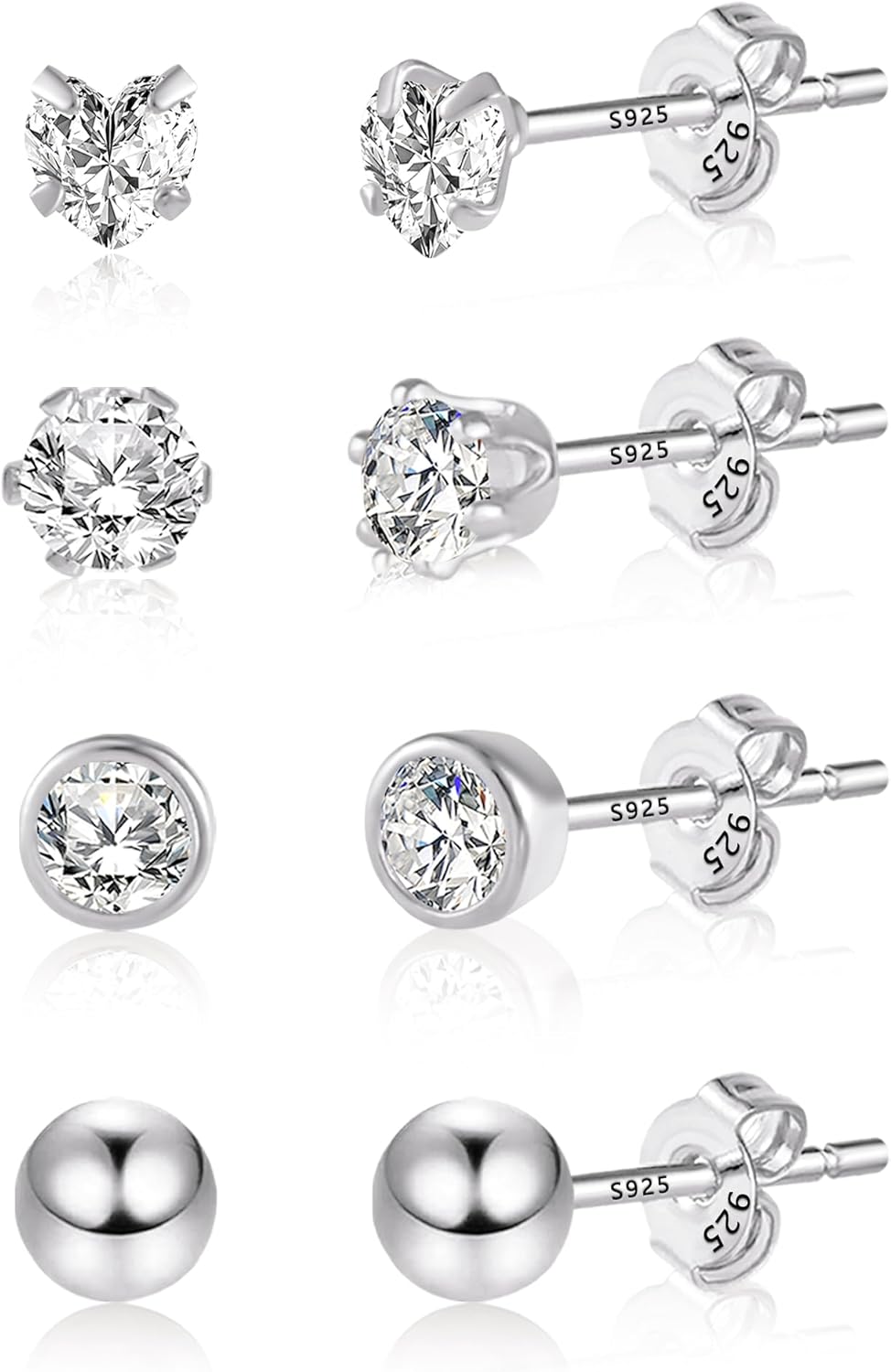 ASH'S CHOICE Sterling Silver Stud Earrings, 6 Pairs Sterling Silver 925 Studs Se...