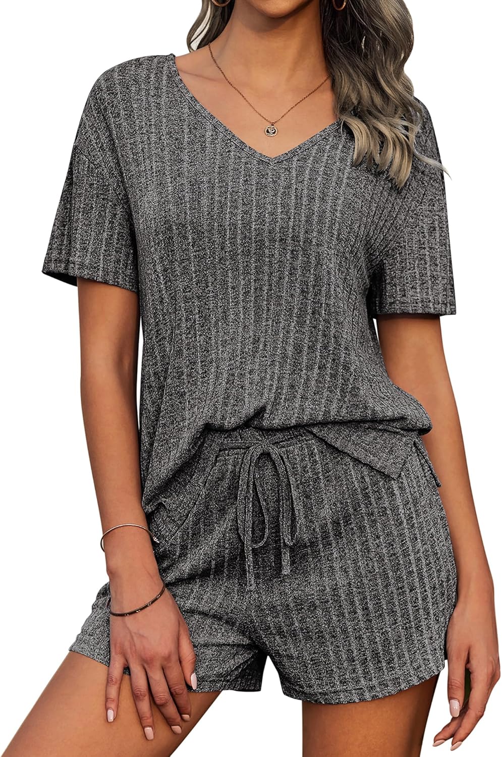 Ekouaer Womens Ribbed Knit Lounge Set Short Sleeve Top and Shorts Sleepwear Paja...