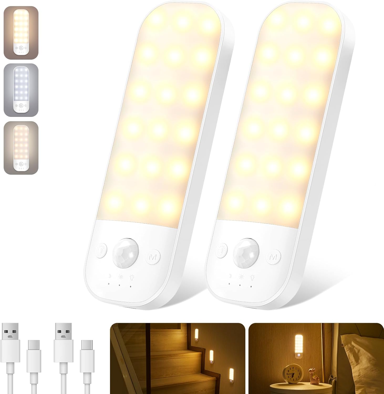 Ledronix Motion Sensor Lights Indoor, 2 Pack USB Rechargeable LED Night Light wi...