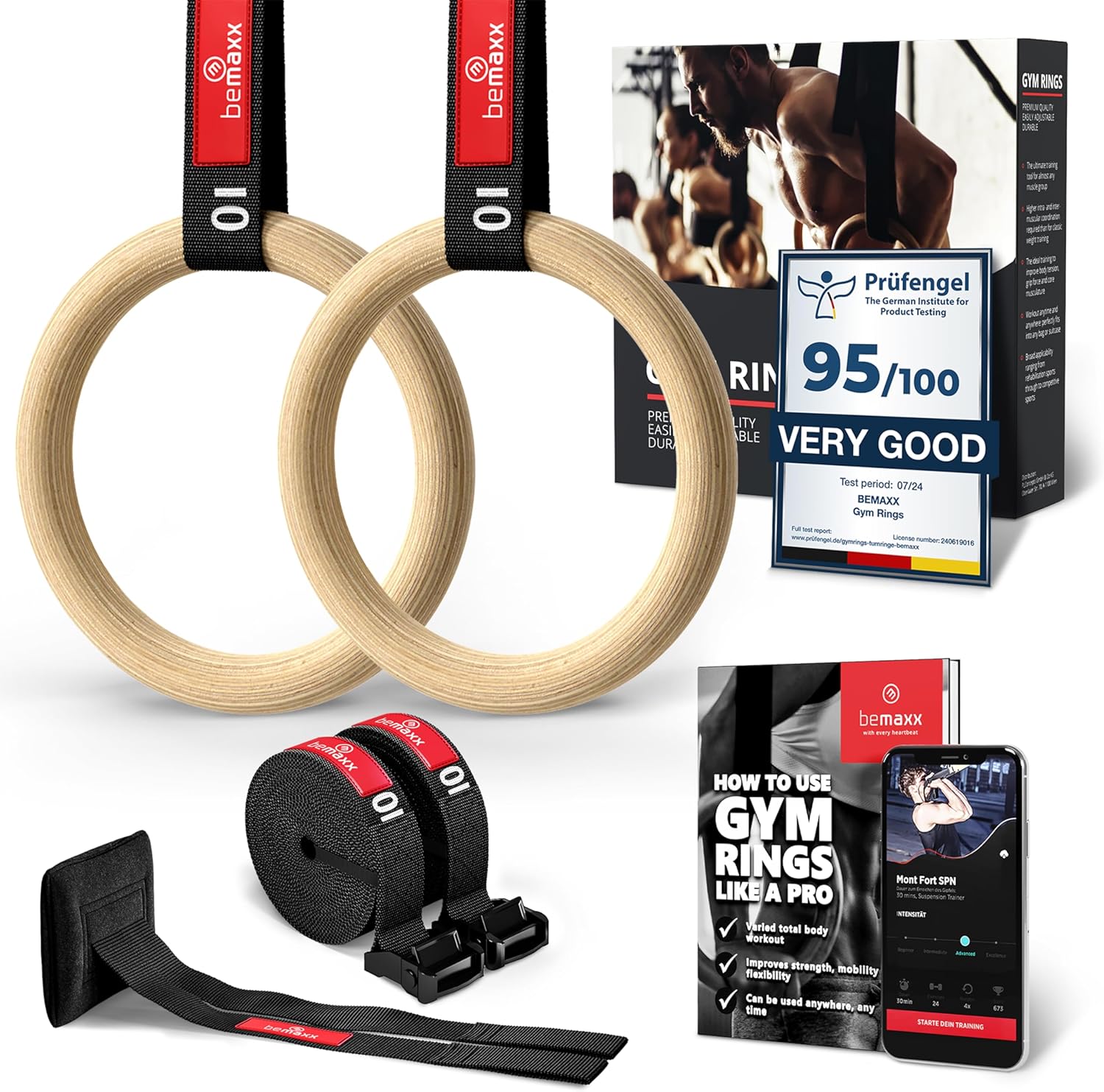 Gymnastic Rings Set Wood + Door Anchor Attachment, Exercise eBook & Adjustable S...
