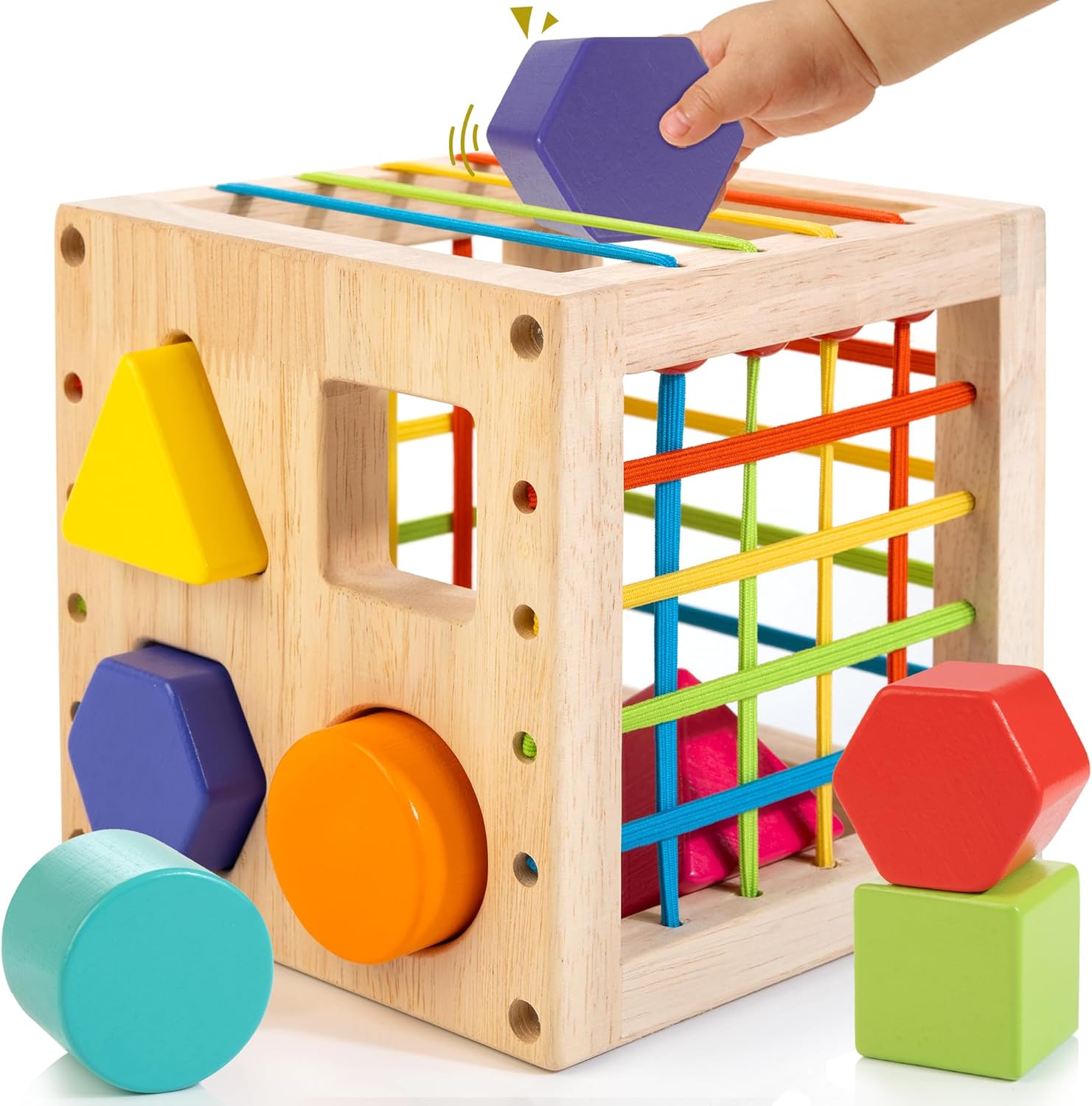 Winique Wooden Shape Sorter Cube, Montessori Toys for 1 Year Old, 8pcs Colorful...