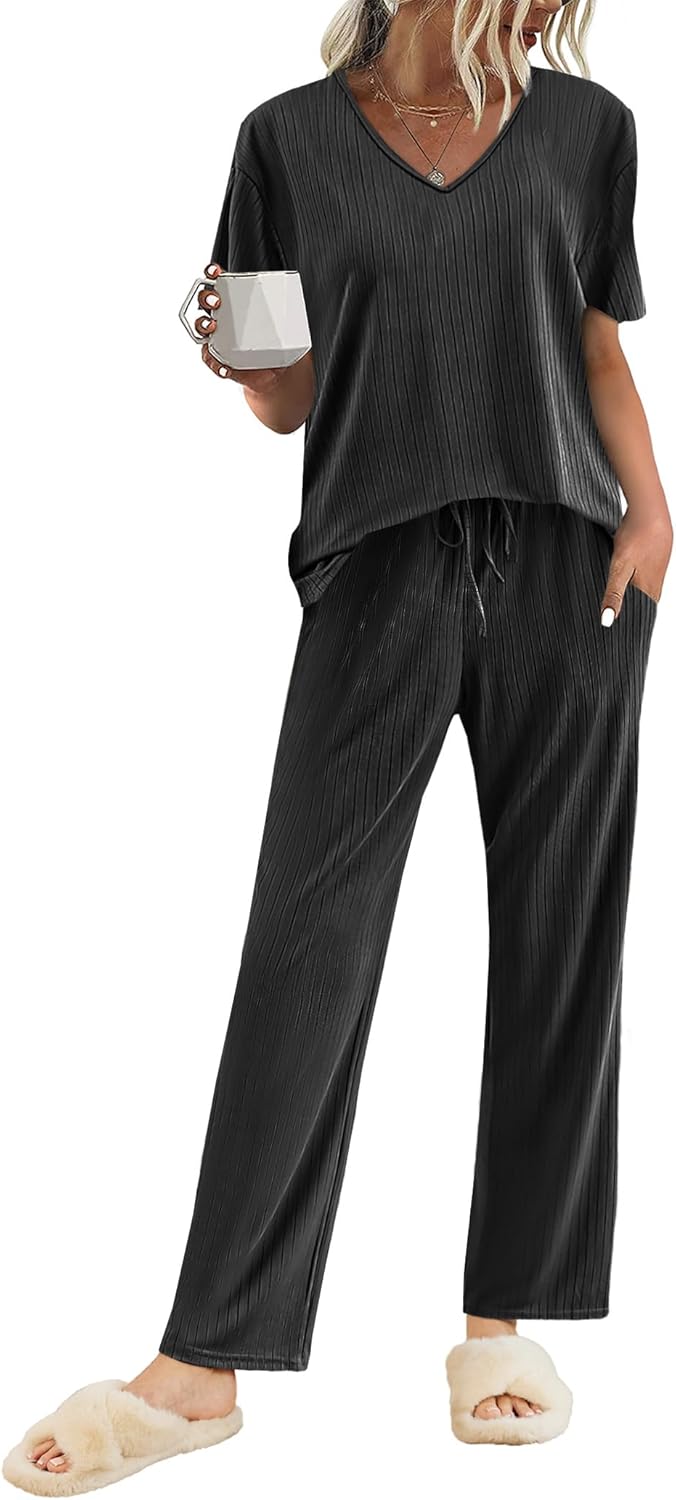 Ekouaer Women's Pyjamas Set Ribbed Knit Winter Pjs Set Lounge Set Short Sleeve S...