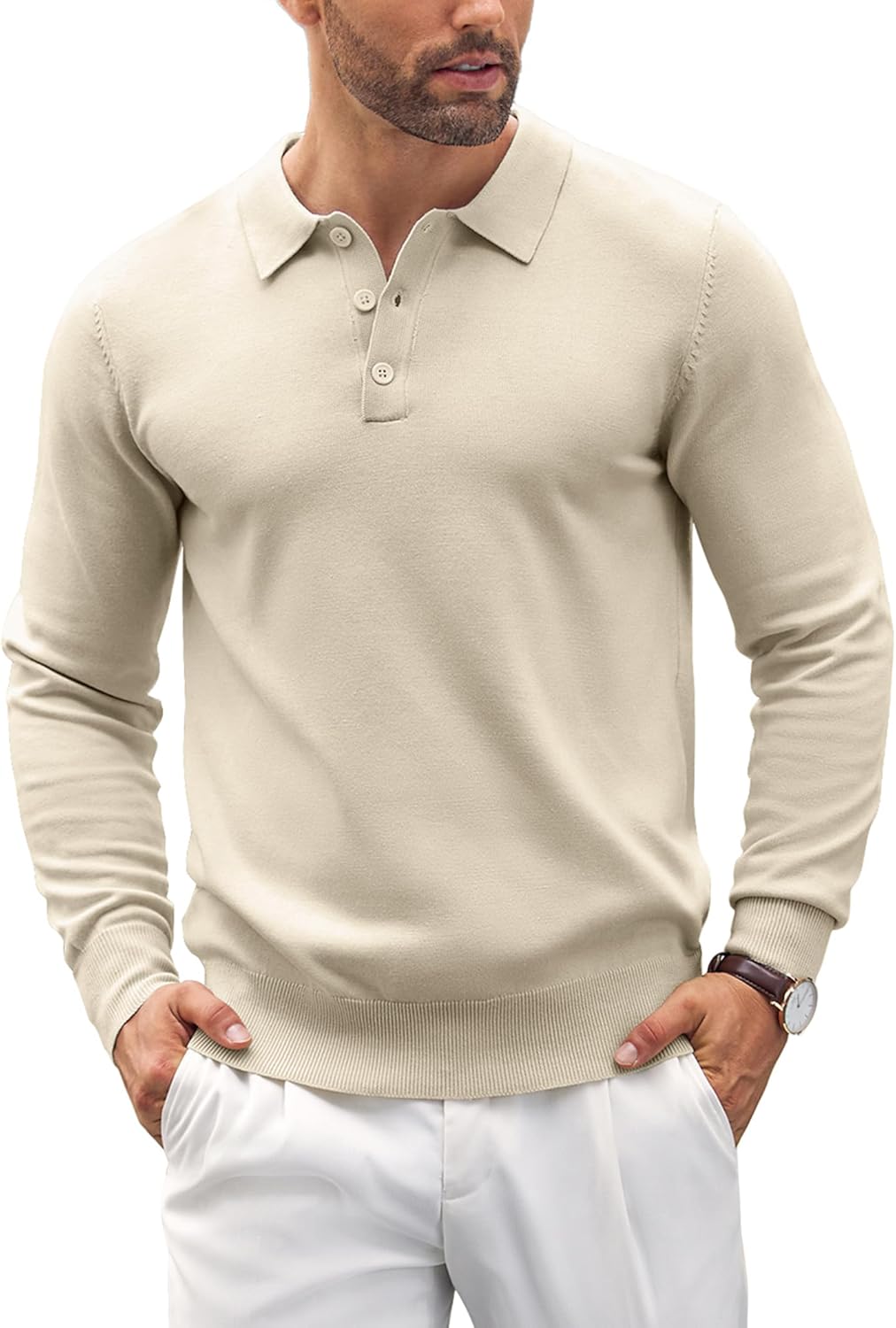 COOFANDY Mens Polo Jumper Long Sleeve Poloshirts Knitted Sweater Basic Sweatshir...