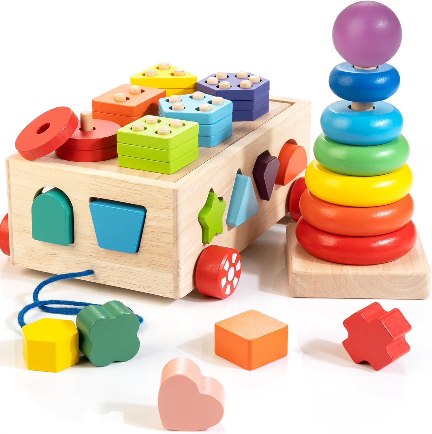Bravmate Montessori Toys for 1 2 3 Year Old, Wooden Shape Sorter Stacking Rings...