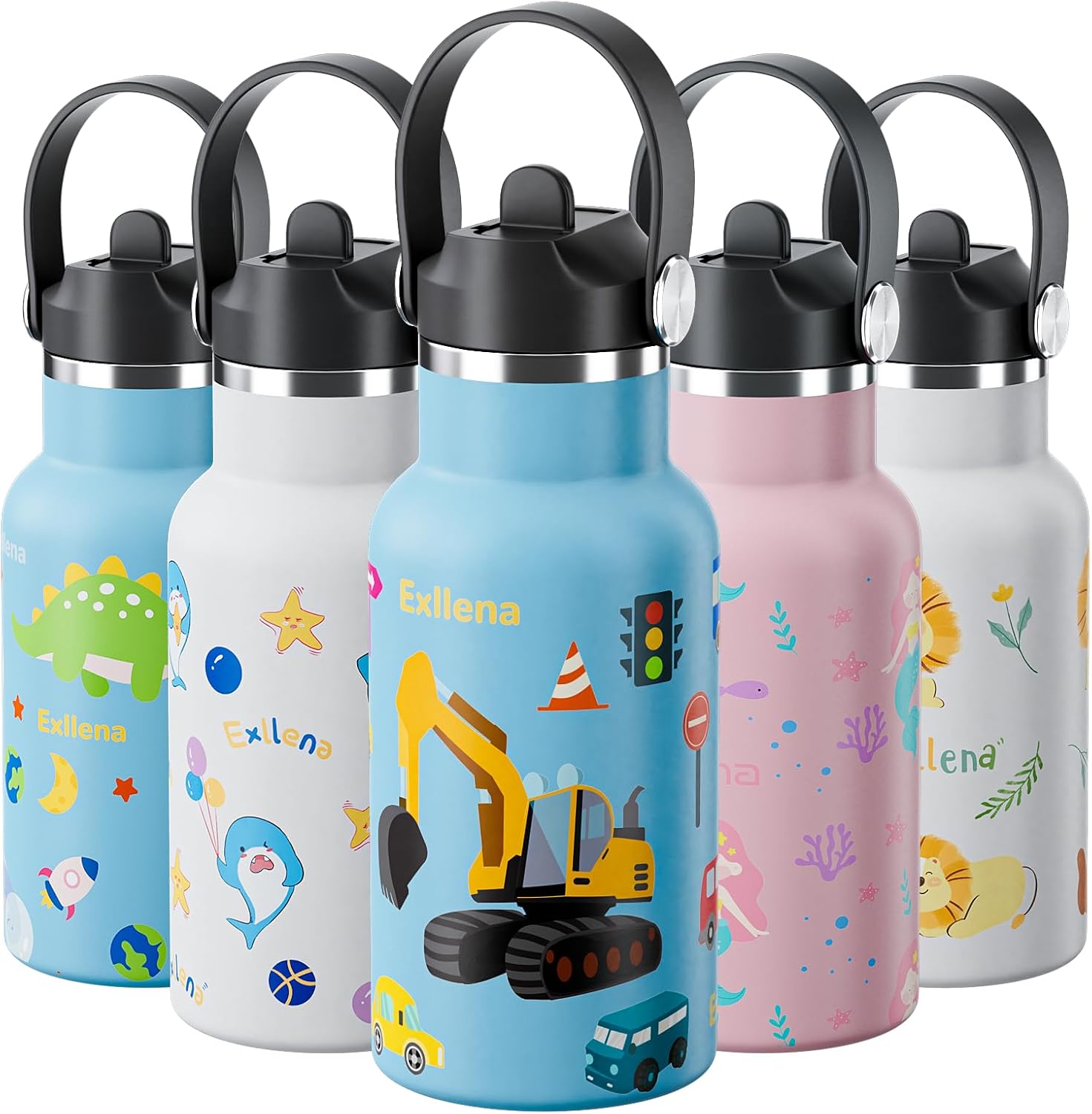 Exllena 350ml Stainless Steel Water Bottle Kids BPA Free with Straw - 100% Leakp...