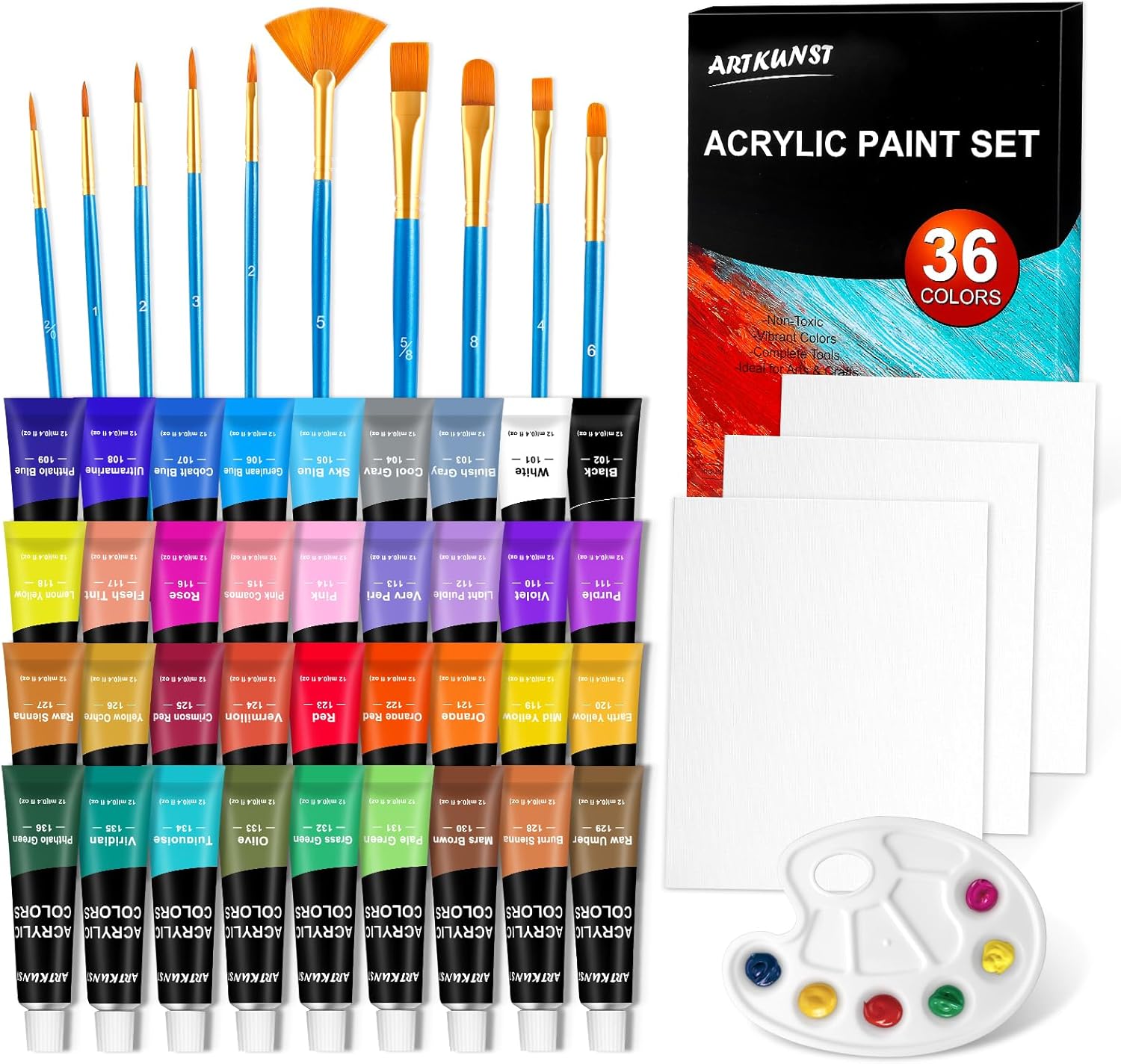 ARTKUNST 50 Pack Acrylic Paint Set, 36 Colours Acrylic Paint (12ml) with 10 Brus...