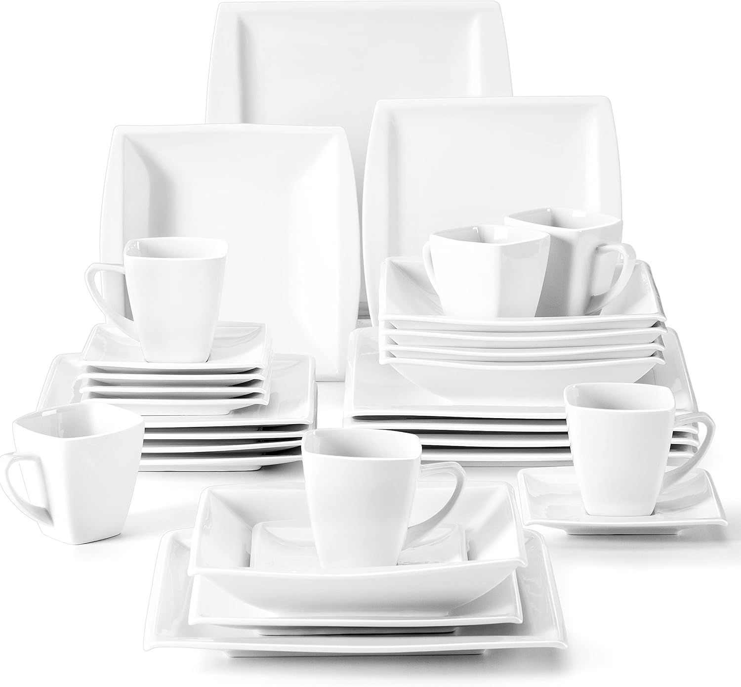 MALACASA Dinner Sets for 6 People, 30-Piece Square Porcelain Plates and Bowls Se...