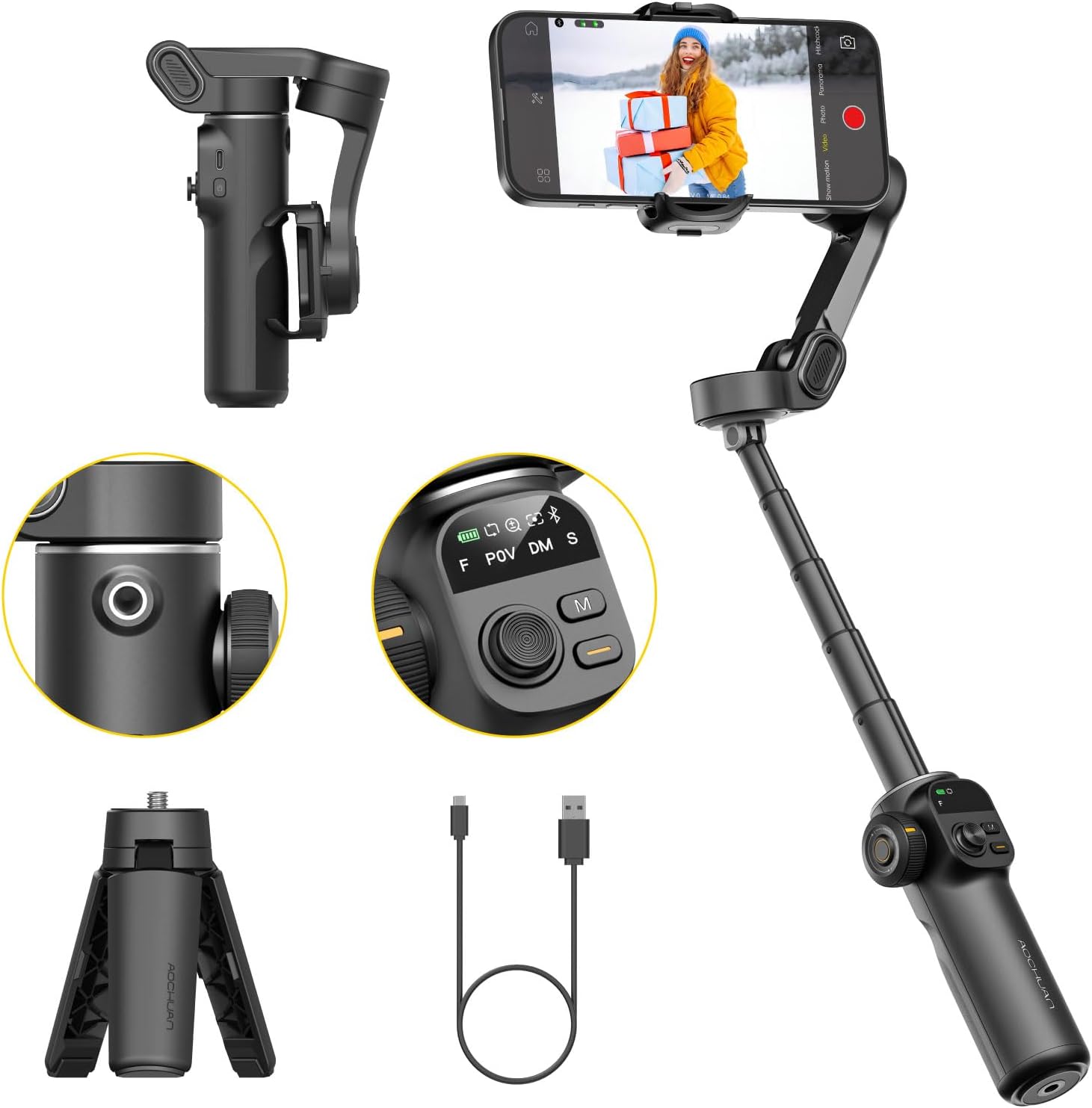 AOCHUAN Gimbal Stabilizer for iPhone, 3-Axis iPhone Gimbal Built in 7.8' Extensi...