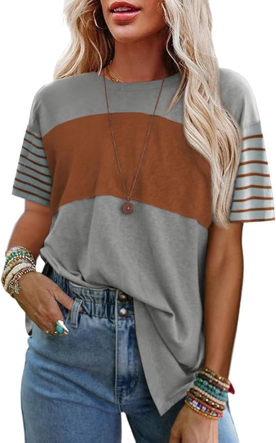 SHEWIN Womens Casual Short Sleeve Shirts Loose Crewneck Color Block Tshirts Tops...