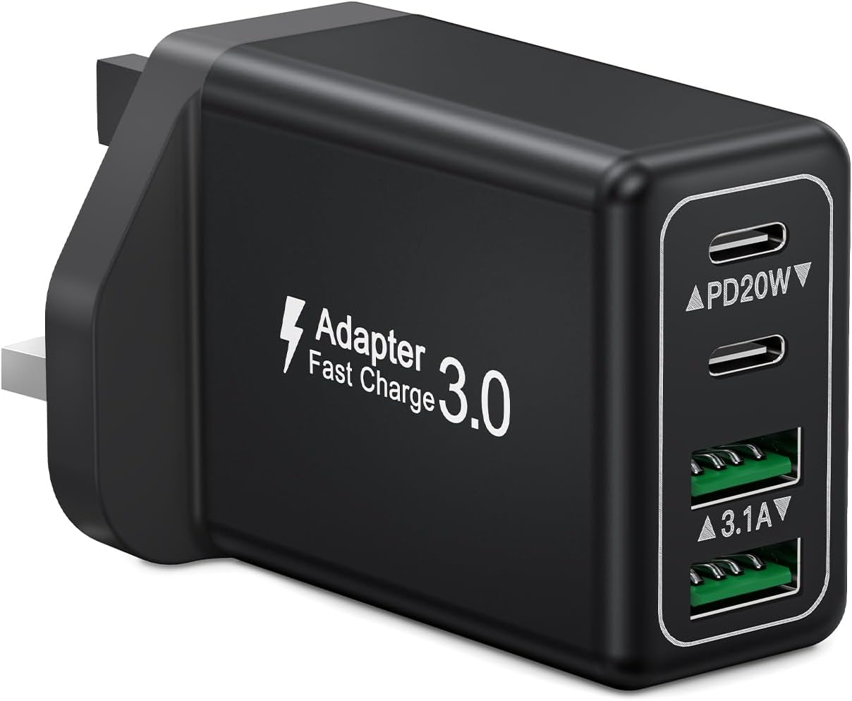 USB C Charger Plug UK, 40W 4 Port USB Plug Fast Charging Dual USB-C Power Adapte...