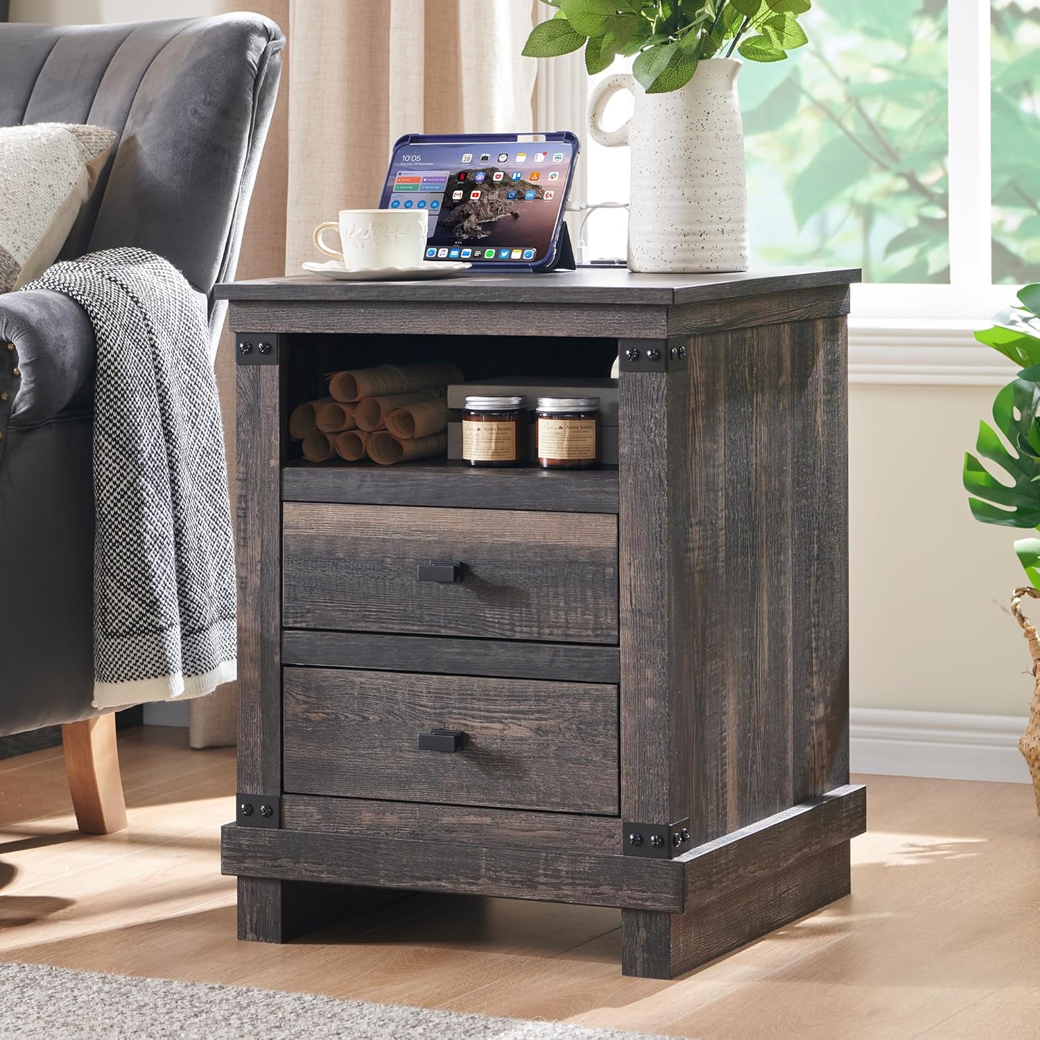 RedLemon Farmhouse Nightstand with Charging Station, 18" Rustic Night Stand with...