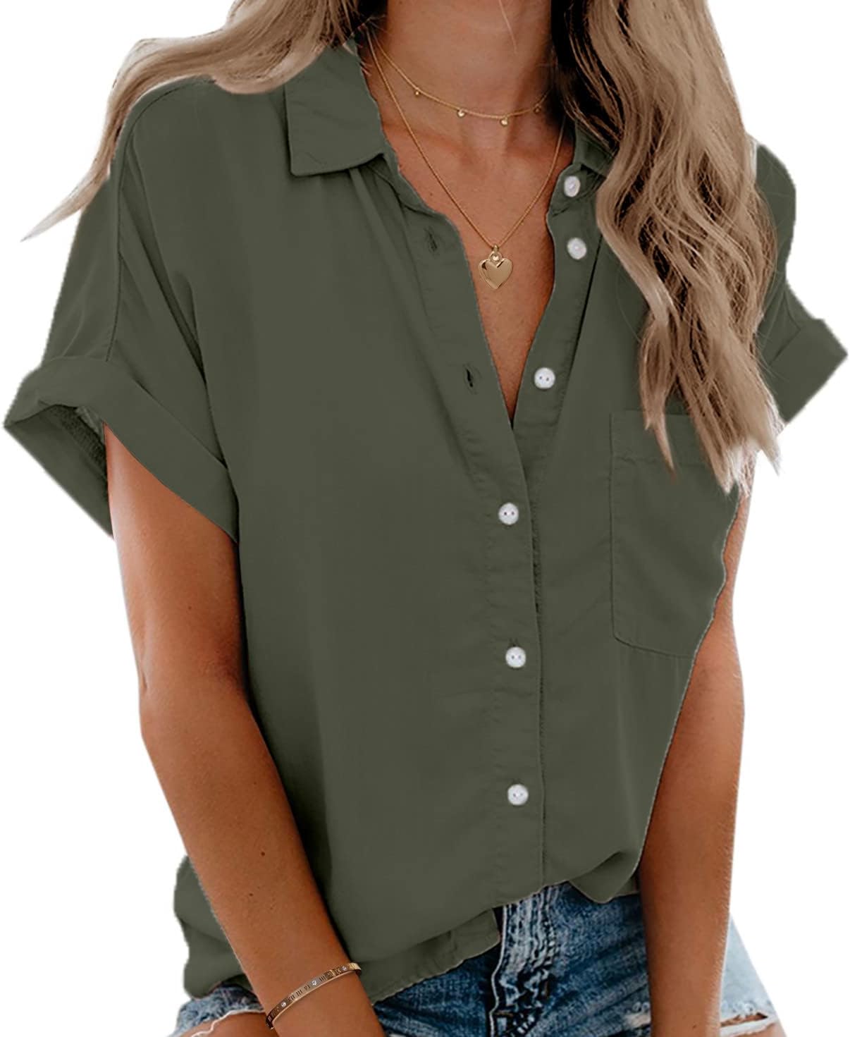 Beautife Womens Short Sleeve Shirts V Neck Collared Button Down Shirt Tops with...