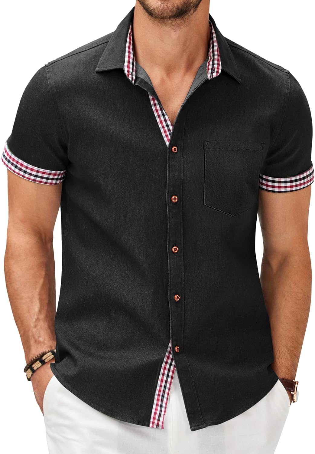 COOFANDY Men's Casual Short Sleeve Button Down Dress Shirt Plaid Collar Denim Wo...