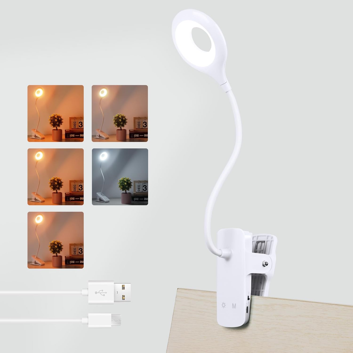 Akynite 3W Rechargeable Clip Desk Lamp Flexible, Type C Charging, 5 Colour & 5 B...