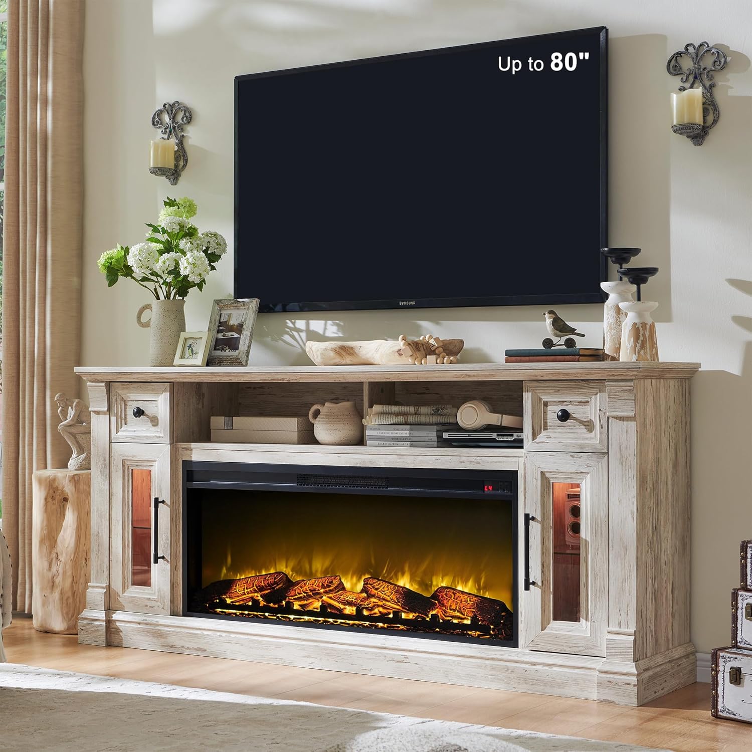 OKD Fireplace TV Stand for 80 Inch TV - Farmhouse Entertainment Center with 42"...