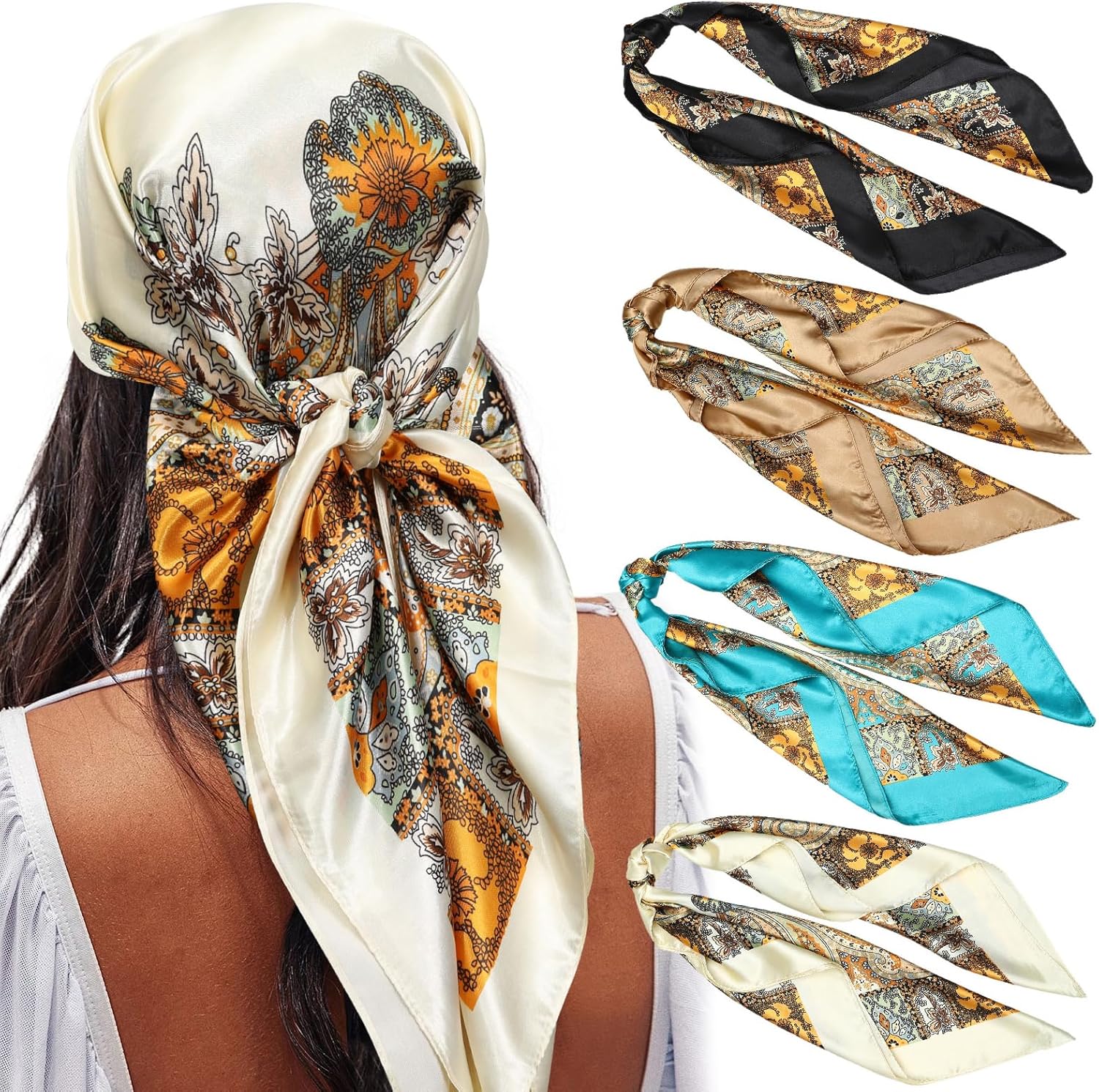 AWAYTR 35” Satin Large Square Head Scarves - 4PCS Silk Like Neck Scarf Hair Slee...