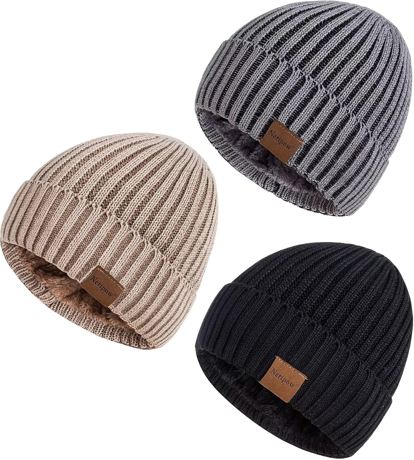 Nertpow Mens Beanie Hats 3 Pack, Winter Hats for Men Women Warm Thermal Fleece L...