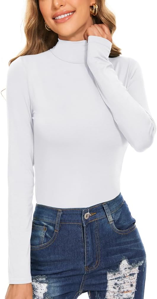 Women's Long Sleeve Mock Turtleneck Tops Casual Slim Fitted Lightweight Under La...